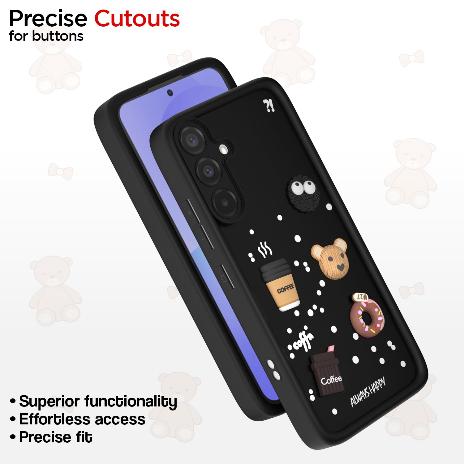 Pikkme Samsung Galaxy A36 5G Cute Fun Cartoon 3D Bear Coffee Back Cover (Black)