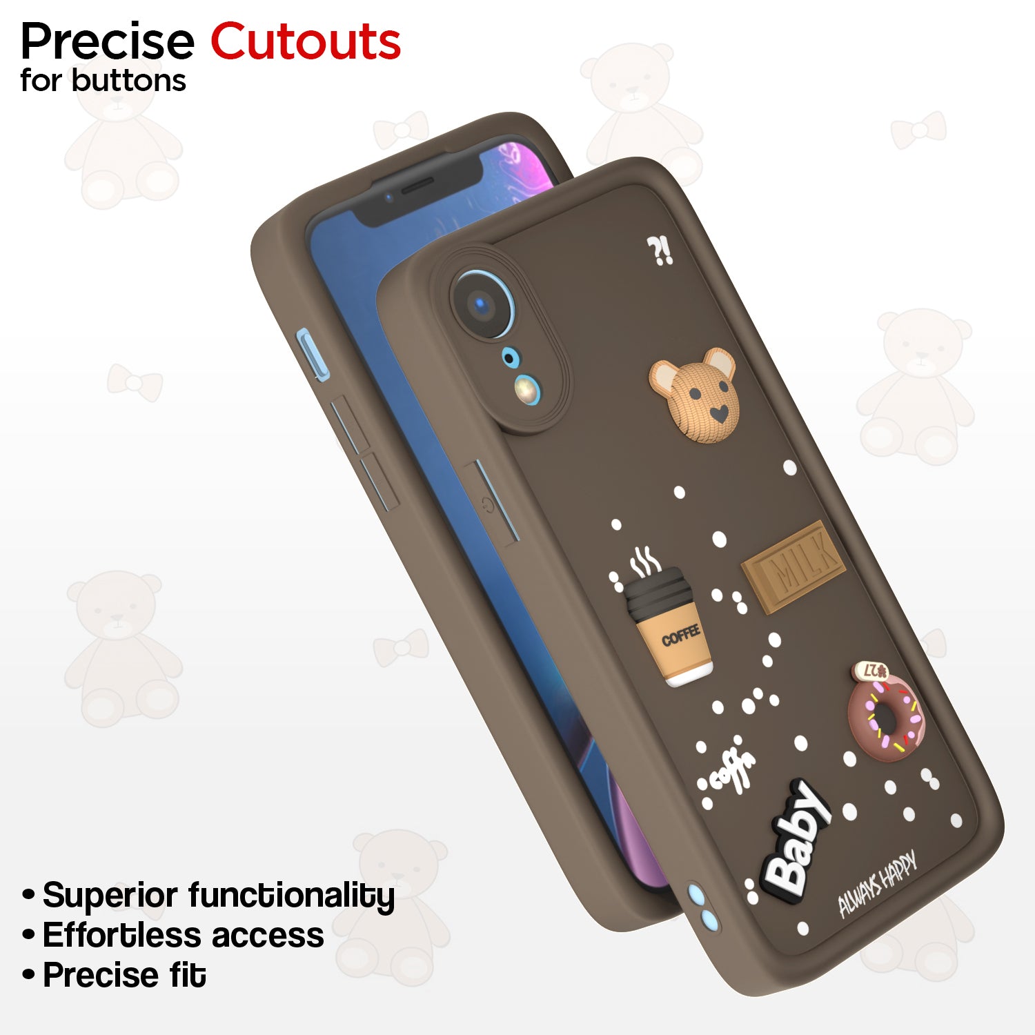 Pikkme iPhone XR Cute Fun Cartoon 3D Bear Coffee Back Cover (Brown)