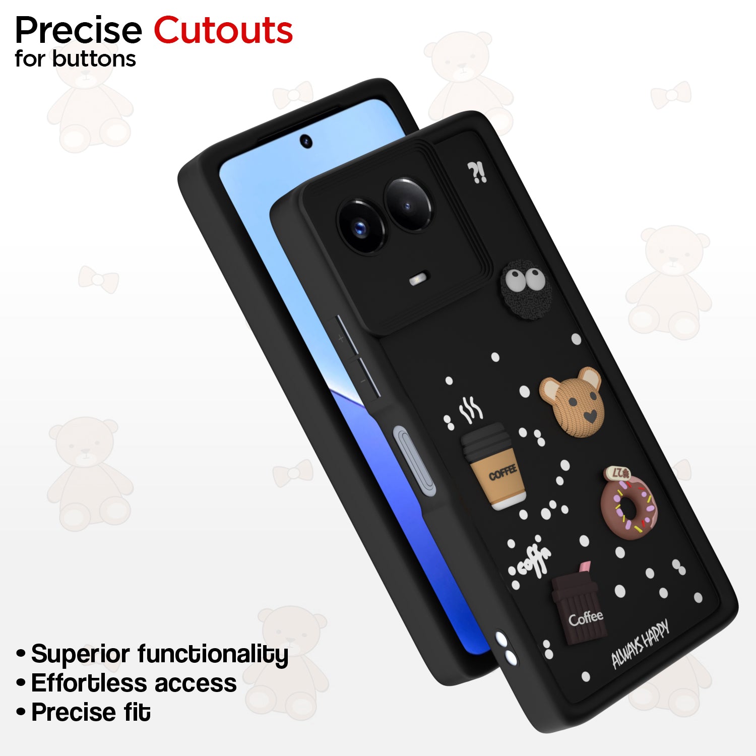 Pikkme Realme 11 / 11X 5G / Narzo 60X 5G Cute Fun Cartoon 3D Bear Coffee Back Cover (Black)