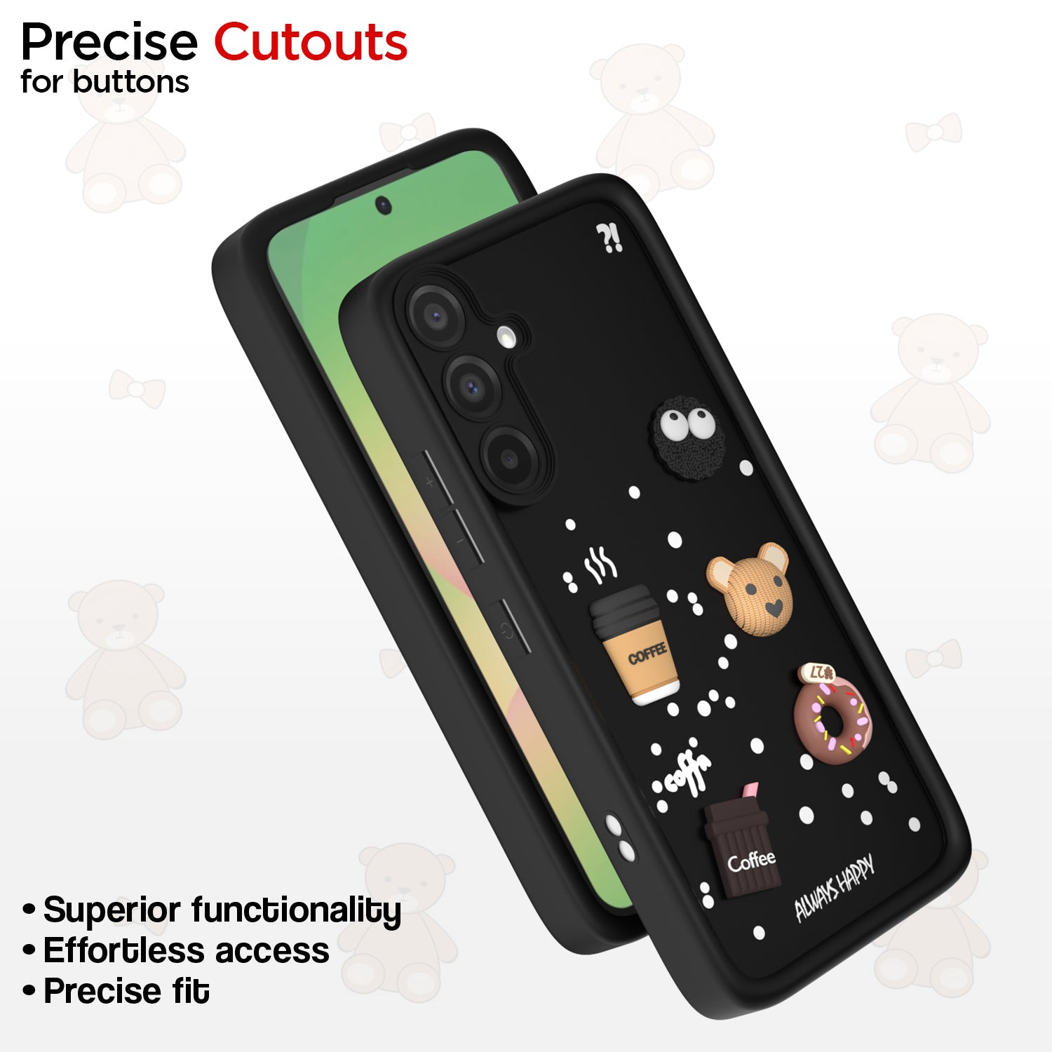 Pikkme Samsung Galaxy A56 5G Cute Fun Cartoon 3D Bear Coffee Back Cover (Black)