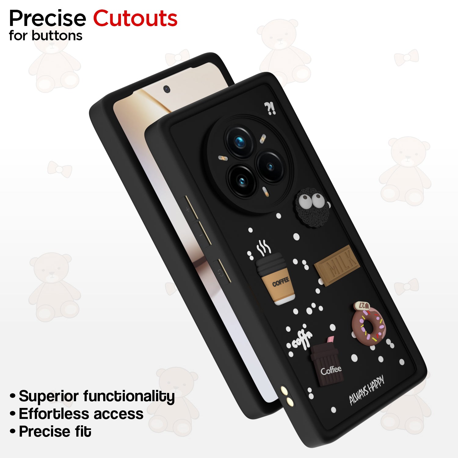 Pikkme Realme 14 Pro Plus 5G / Realme P3 Pro 5G Cute Fun Cartoon 3D Bear Coffee Back Cover (Black)