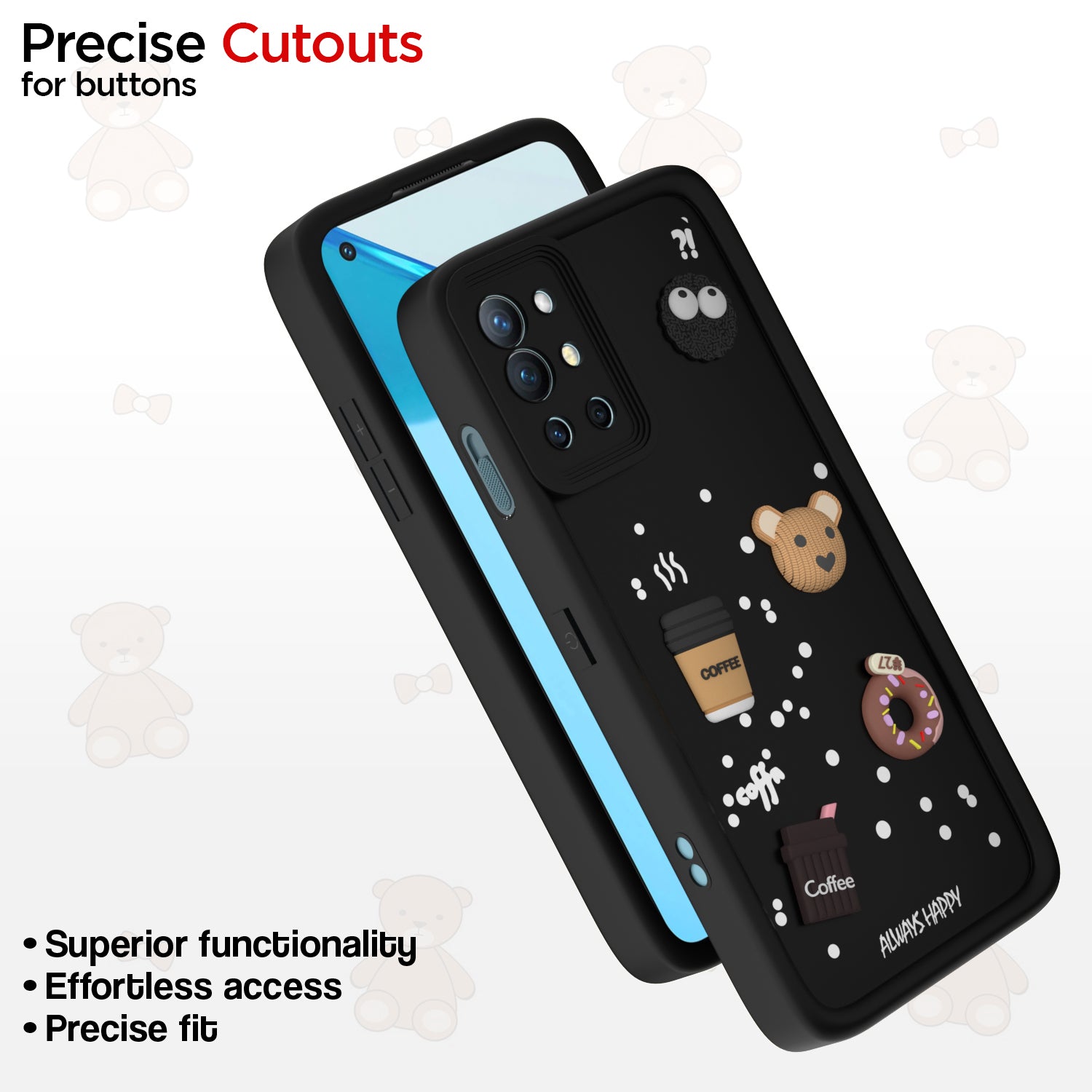 Pikkme OnePlus 9R 5G Cute Fun Cartoon 3D Bear Coffee Back Cover (Black)