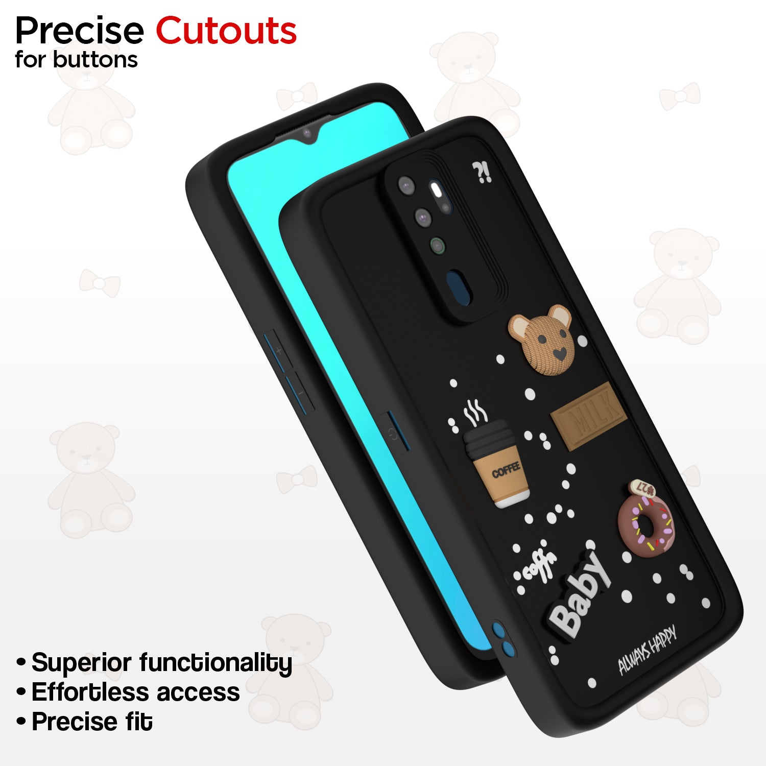 Pikkme Oppo A5 2020 / A9 2020 Cute Fun Cartoon 3D Bear Coffee Back Cover (Black)