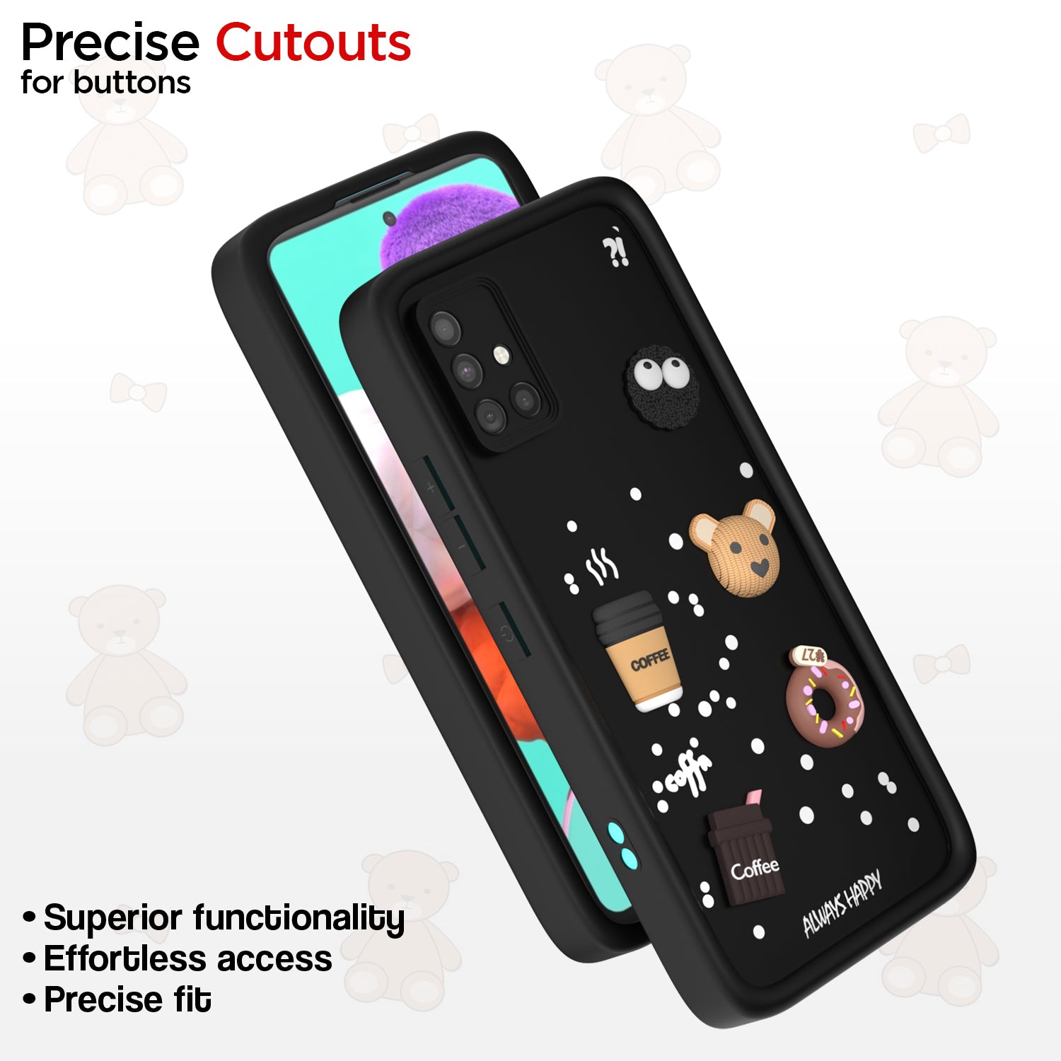 Pikkme Samsung Galaxy A51 Cute Fun Cartoon 3D Bear Coffee Back Cover (Black)