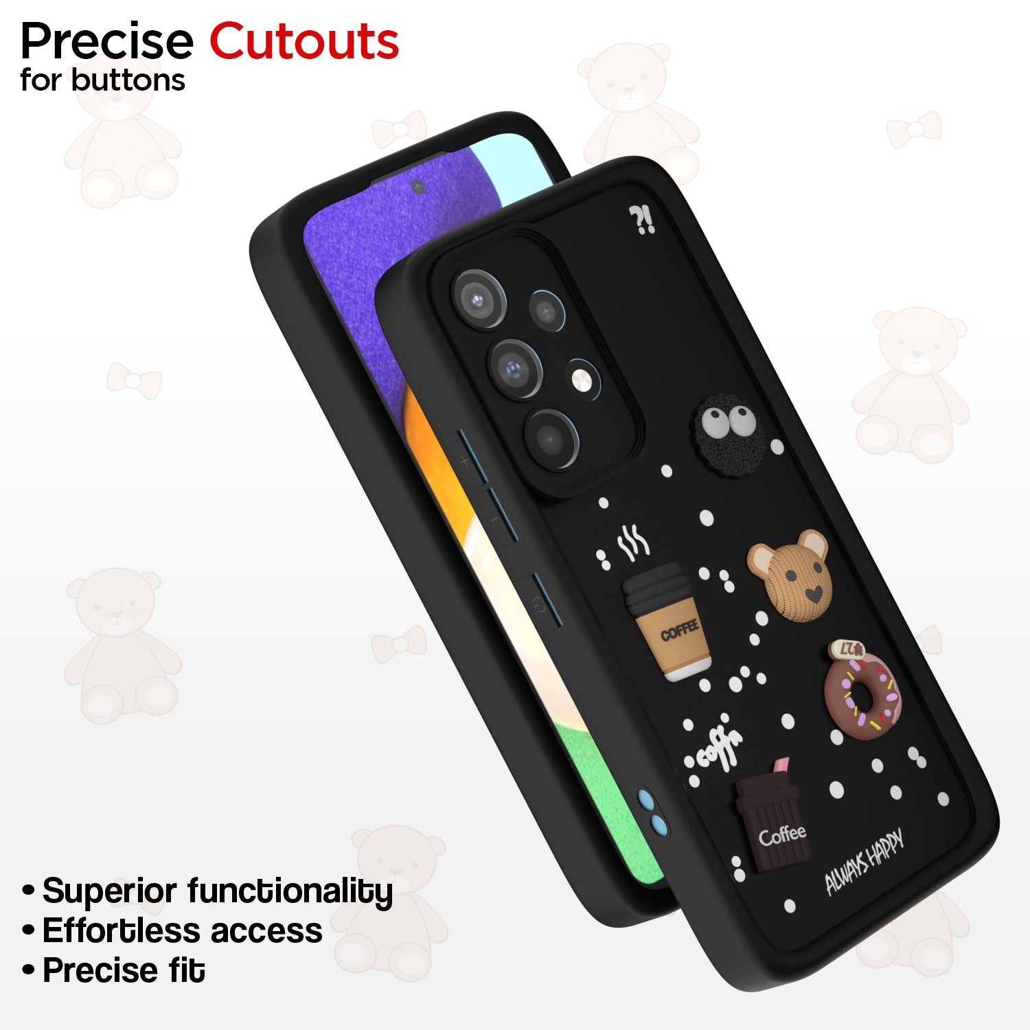 Pikkme Samsung Galaxy A52 / A52s 5G Cute Fun Cartoon 3D Bear Coffee Back Cover (Black)