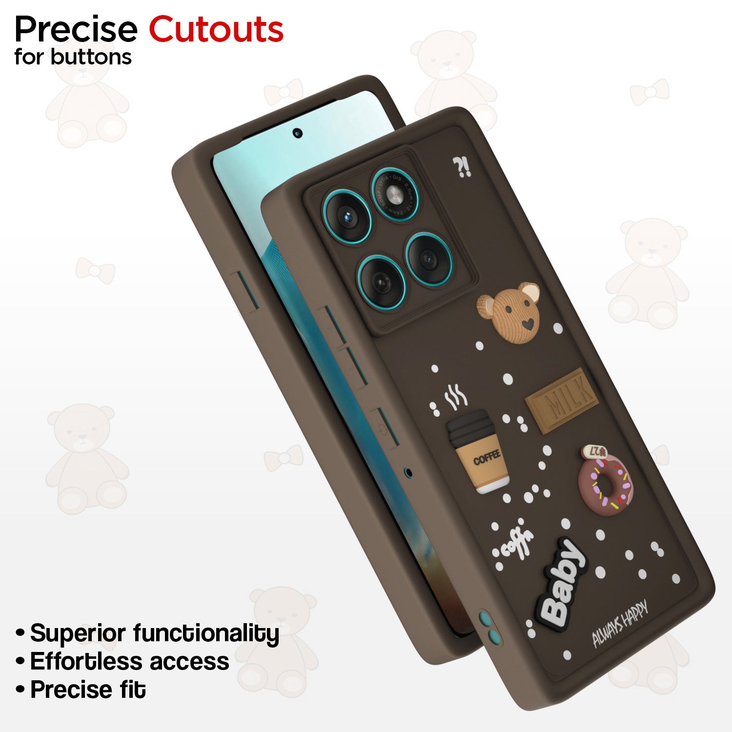 Pikkme Motorola Moto Edge 60 Pro 5G Cute Fun Cartoon 3D Bear Coffee Back Cover (Brown)