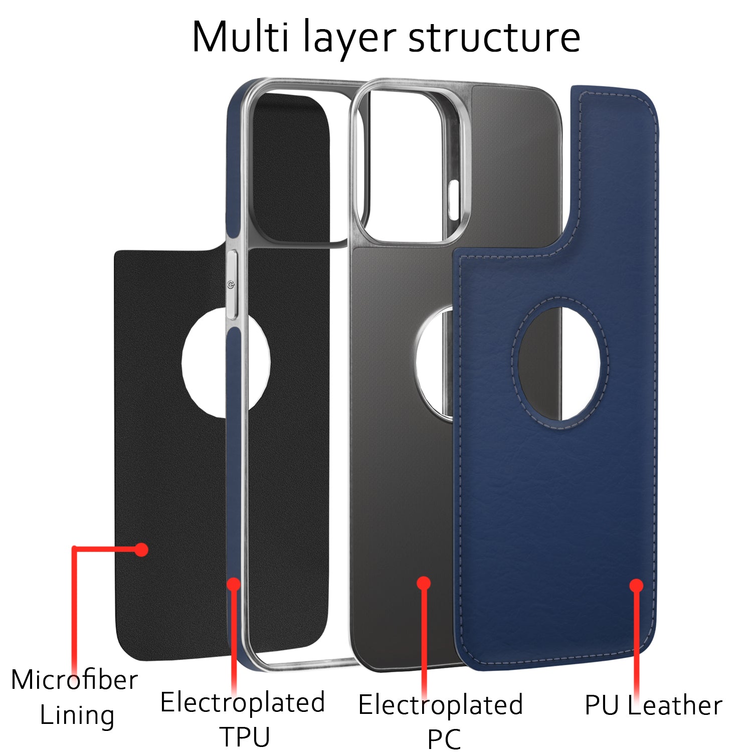 Pikkme iPhone 14 Silver Electroplated Chrome Leather Back Cover (Blue)