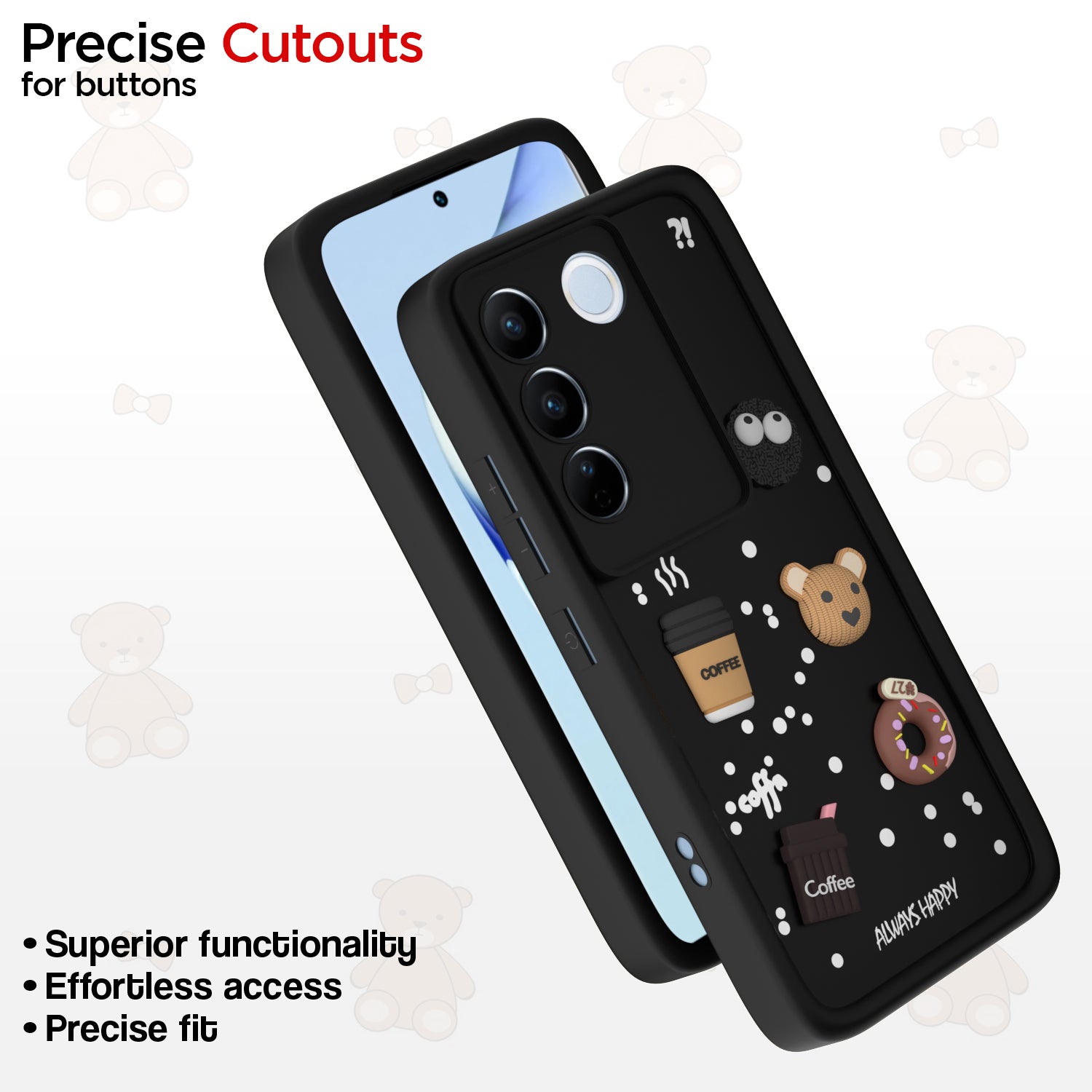 Pikkme Vivo V27 5G / V27 Pro 5G Cute Fun Cartoon 3D Bear Coffee Back Cover (Black)