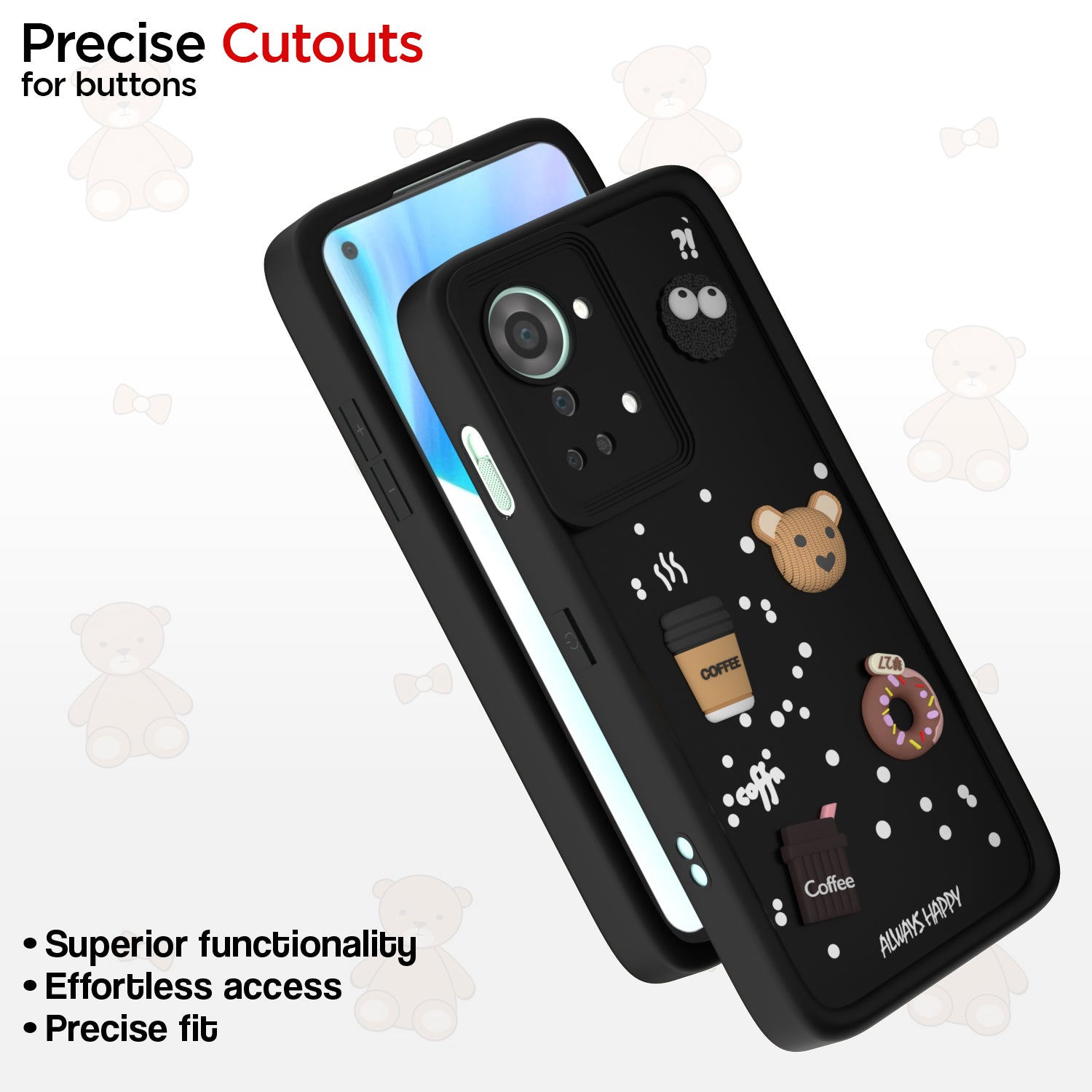 Pikkme OnePlus Nord 2T 5G Cute Fun Cartoon 3D Bear Coffee Back Cover (Black)