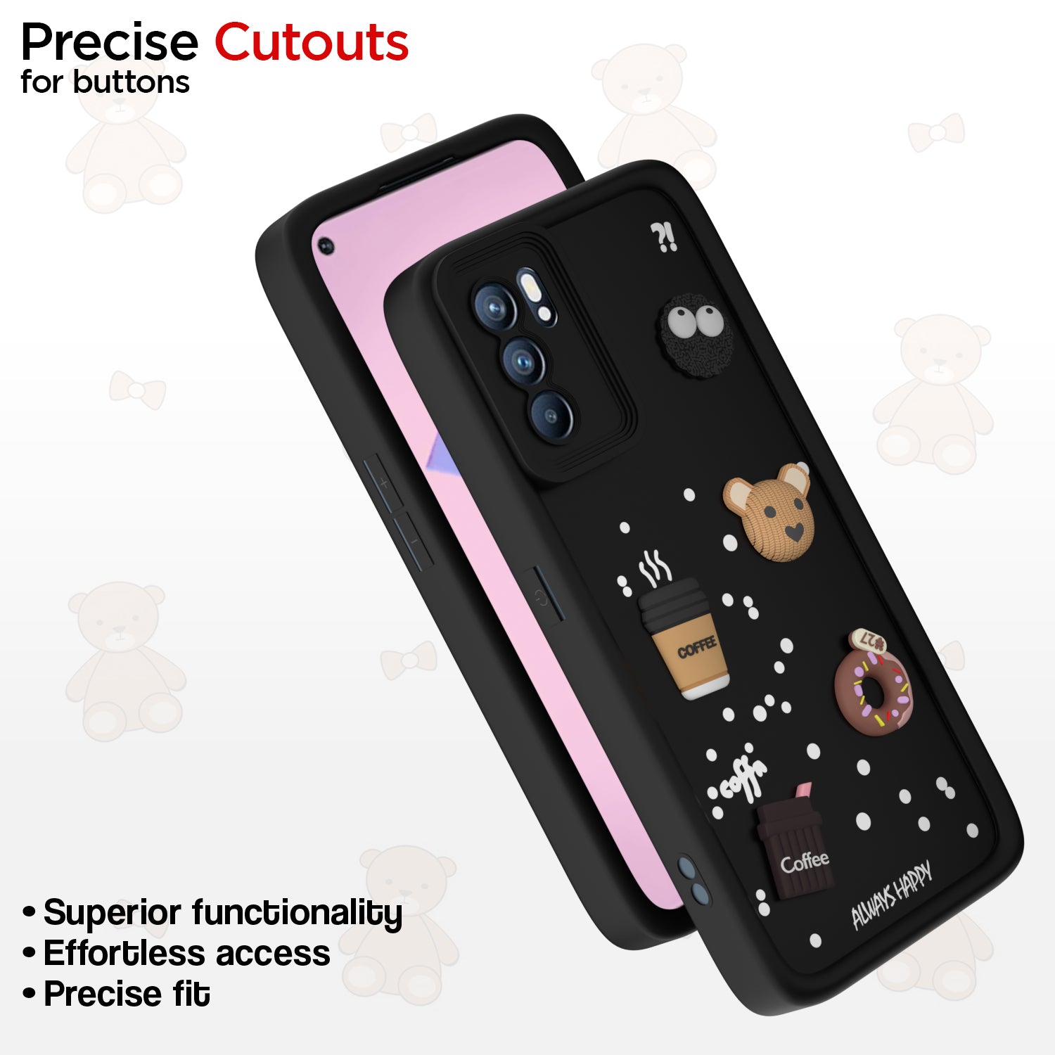 Pikkme Oppo Reno 6 Pro 5G Cute Fun Cartoon 3D Bear Coffee Back Cover (Black)
