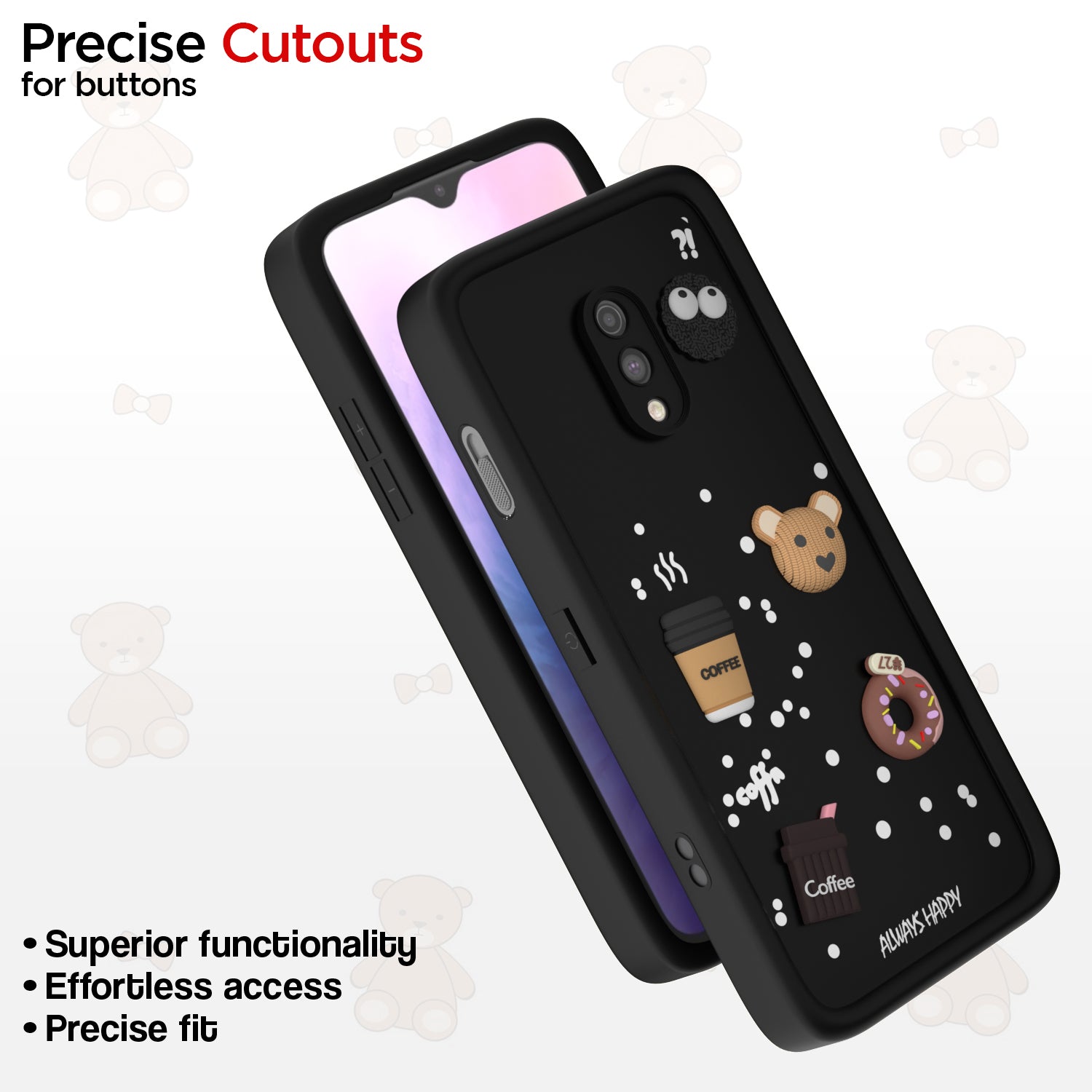 Pikkme One Plus 7 Cute Fun Cartoon 3D Bear Coffee Back Cover (Black)