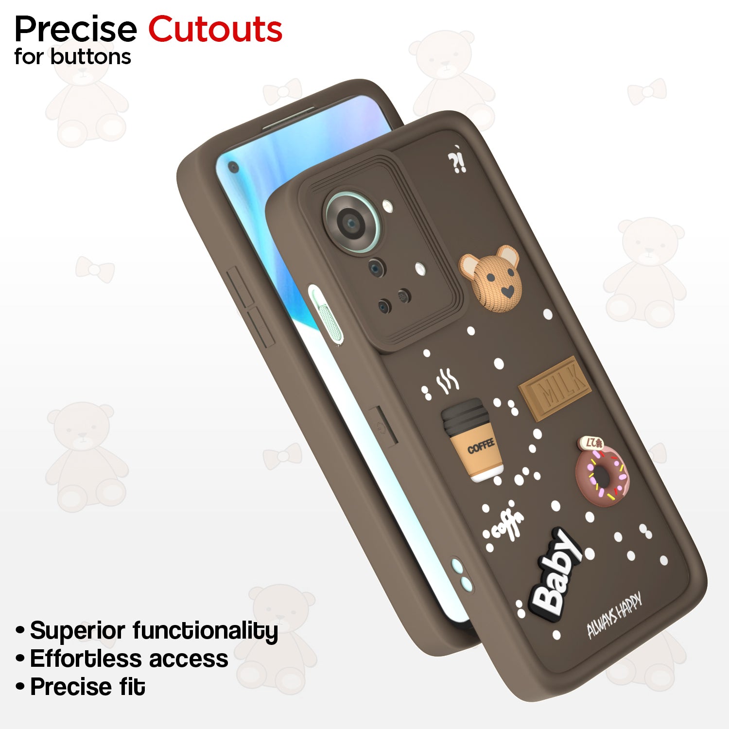 Pikkme OnePlus Nord 2T 5G Cute Fun Cartoon 3D Bear Coffee Back Cover (Brown)