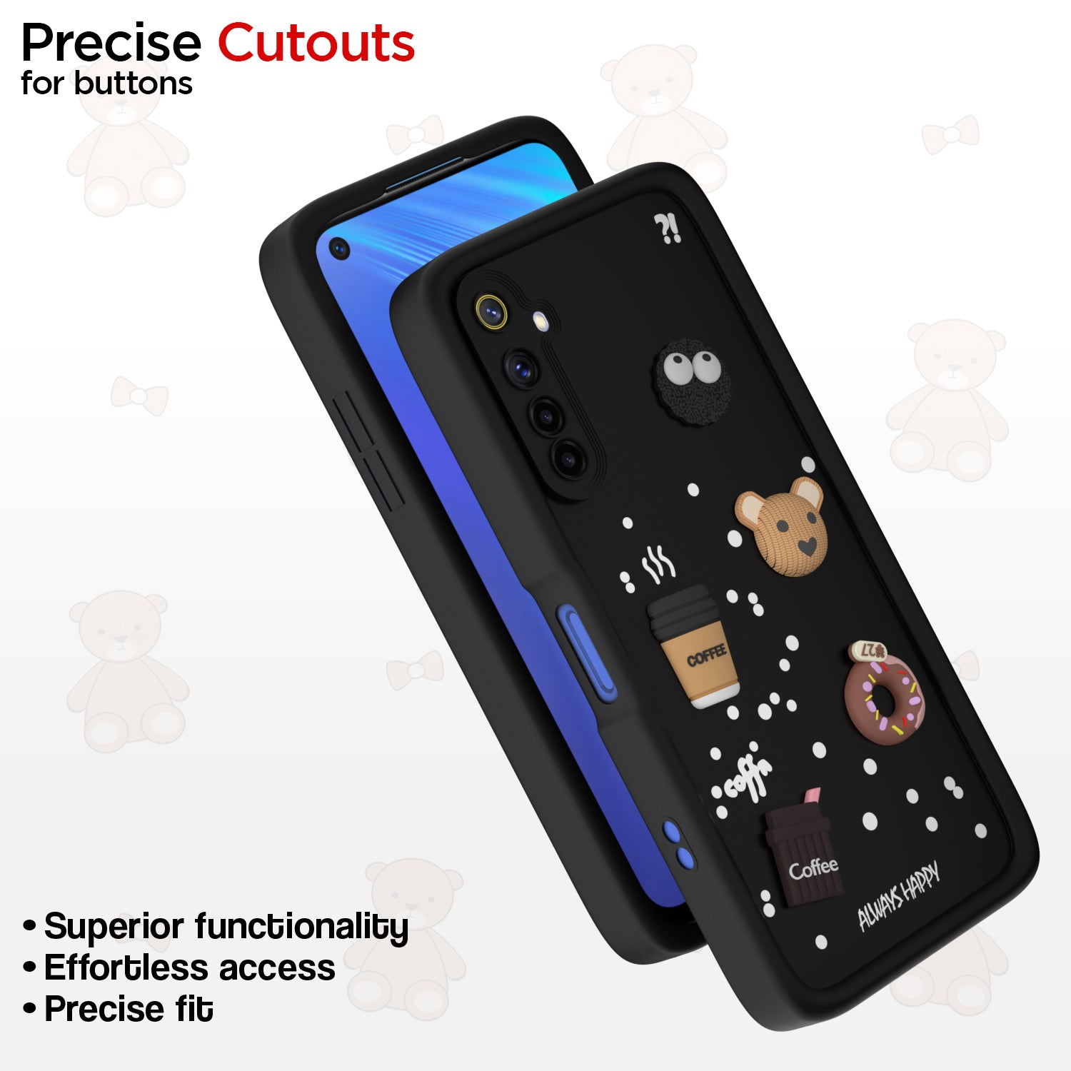 Pikkme Realme 6 / 6i Cute Fun Cartoon 3D Bear Coffee Back Cover (Black)