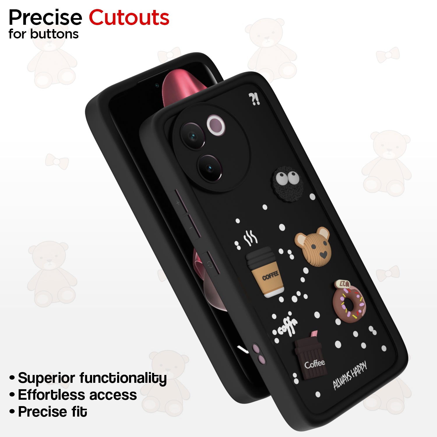 Pikkme Vivo V30e 5G Cute Fun Cartoon 3D Bear Coffee Back Cover (Black)