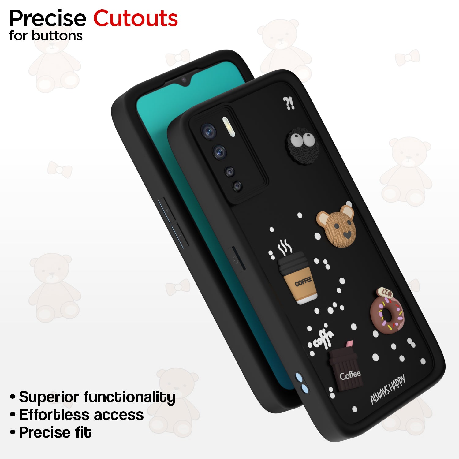 Pikkme Oppo F15 Cute Fun Cartoon 3D Bear Coffee Back Cover (Black)