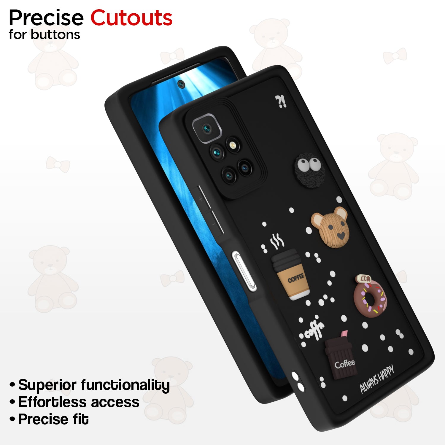 Pikkme Redmi 10 Prime Cute Fun Cartoon 3D Bear Coffee Back Cover (Black)