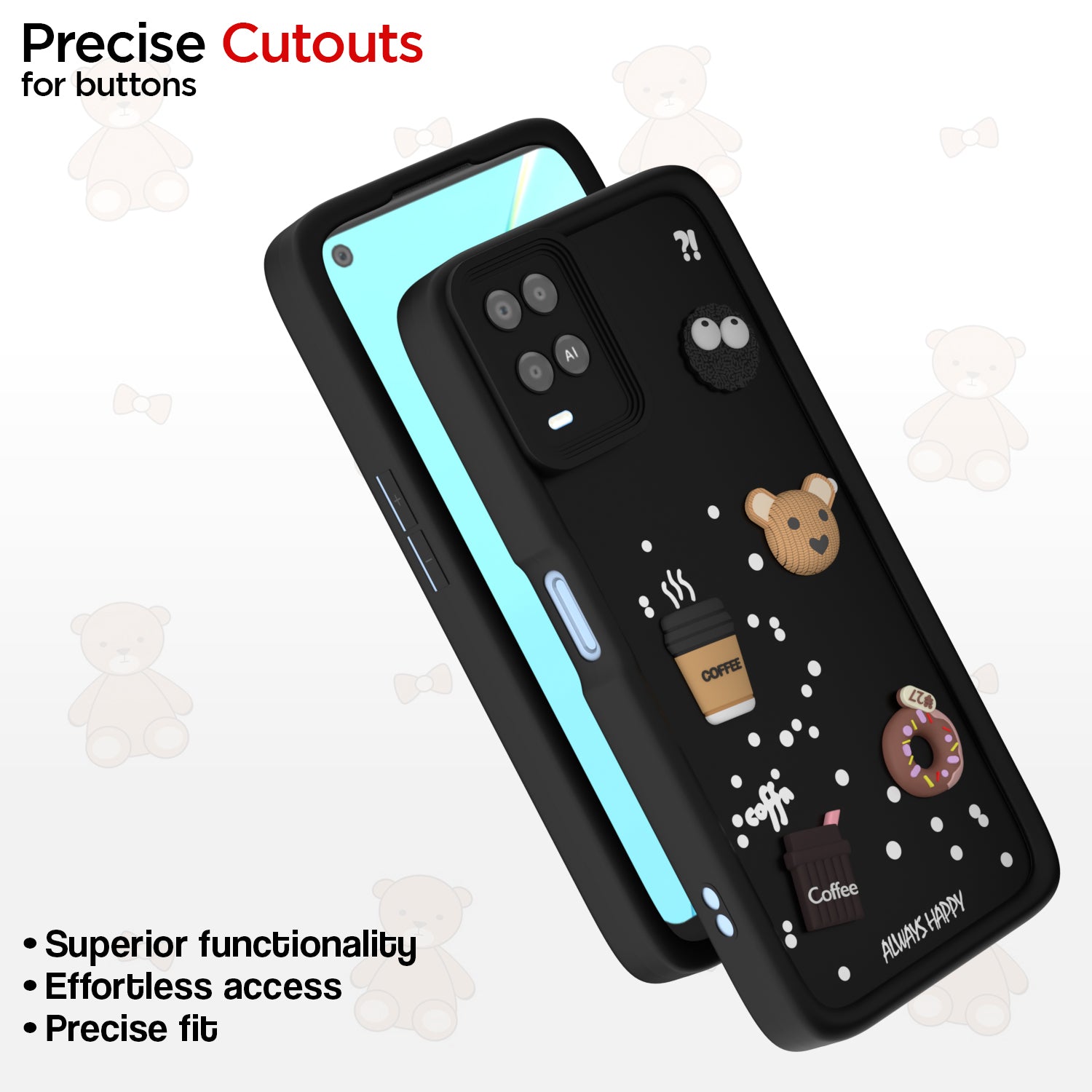 Pikkme Oppo A54 Cute Fun Cartoon 3D Bear Coffee Back Cover (Black)