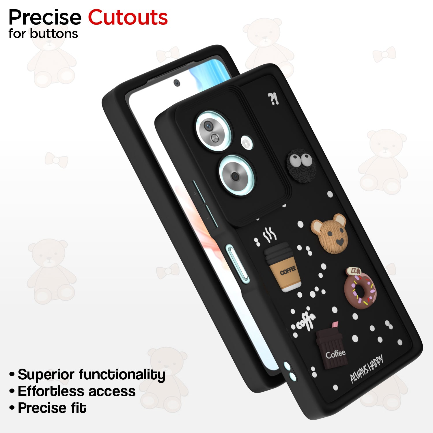 Pikkme Oppo A79 5G Cute Fun Cartoon 3D Bear Coffee Back Cover (Black)