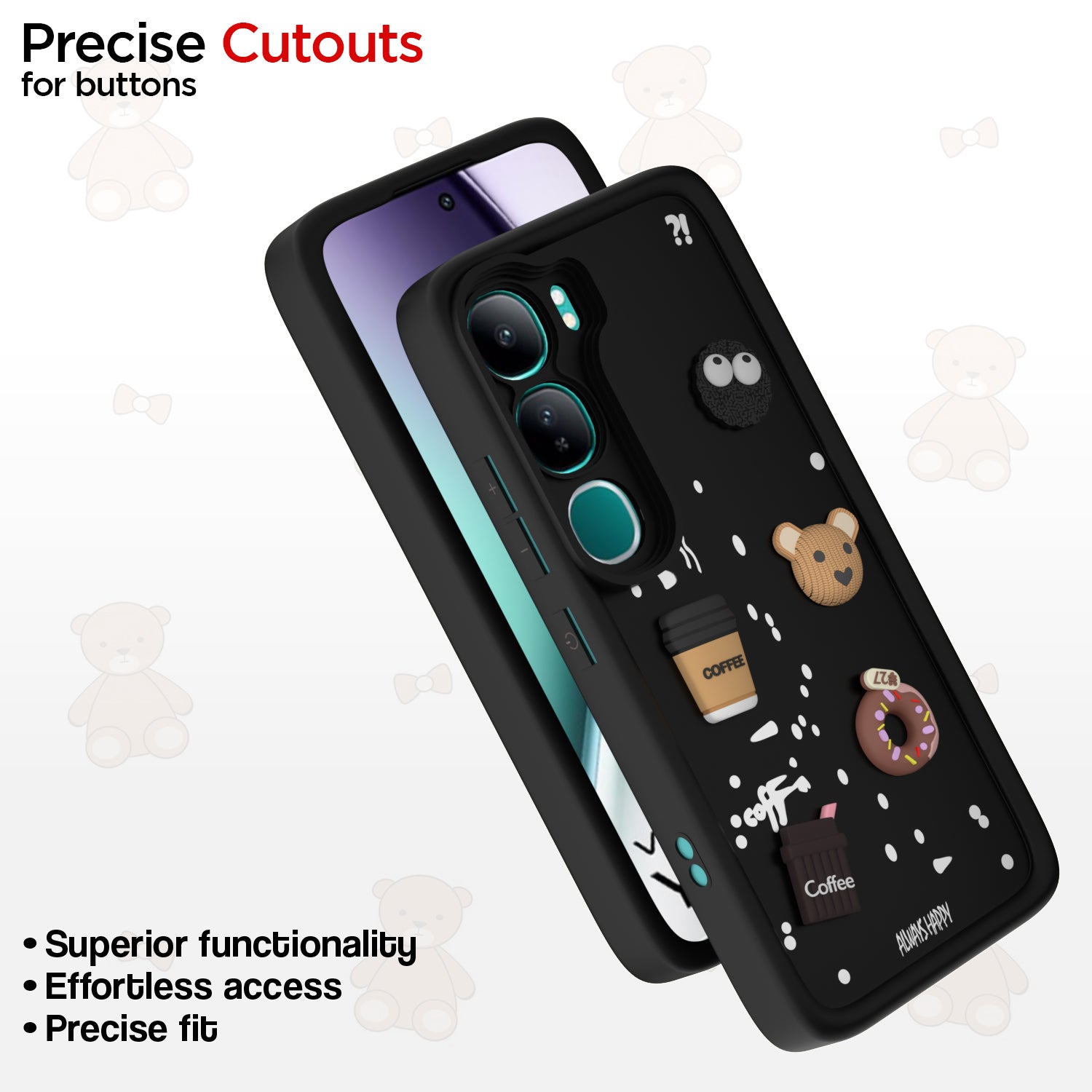 Pikkme Vivo Y300 5G Cute Fun Cartoon 3D Bear Coffee Back Cover (Black)