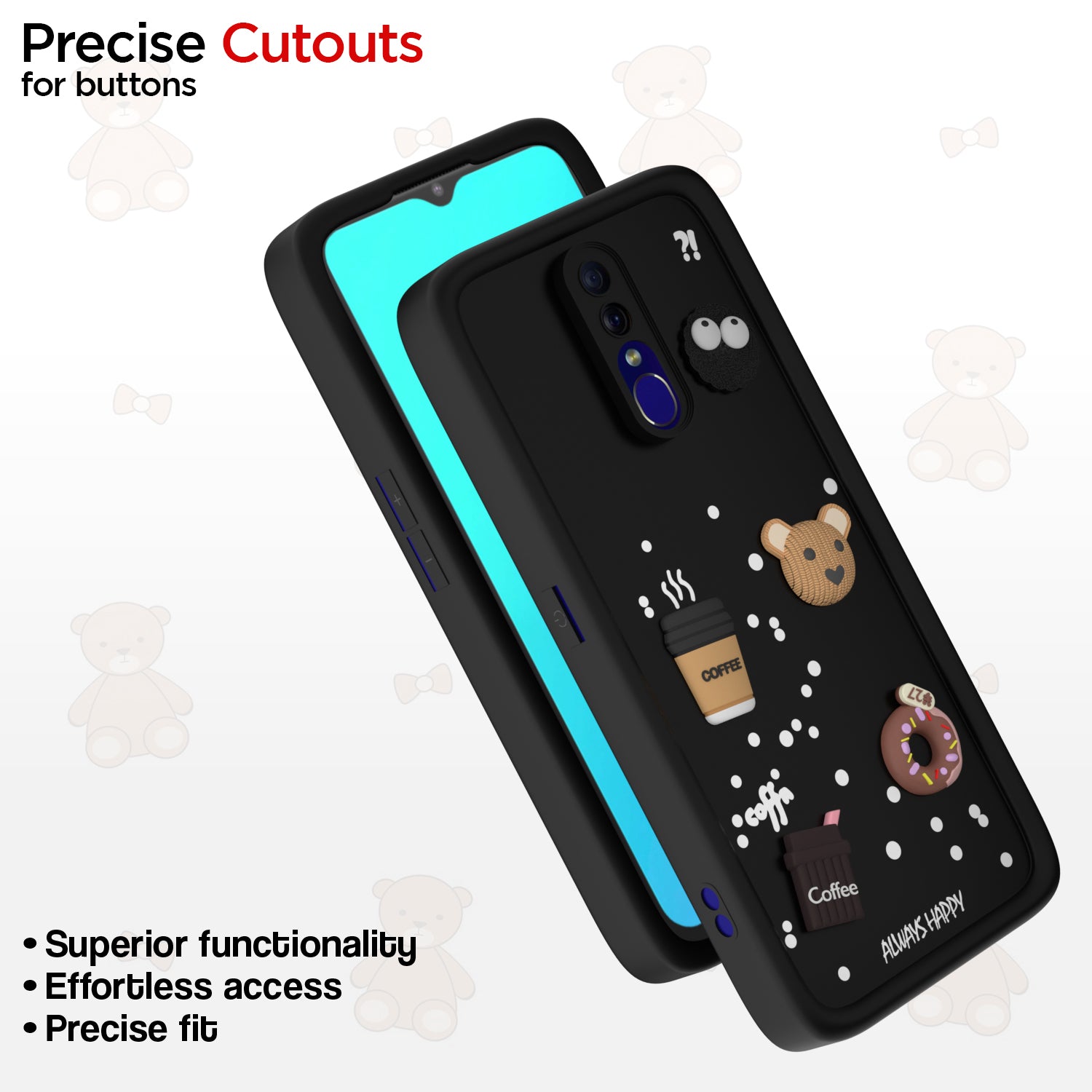 Pikkme Oppo F11 Cute Fun Cartoon 3D Bear Coffee Back Cover (Black)