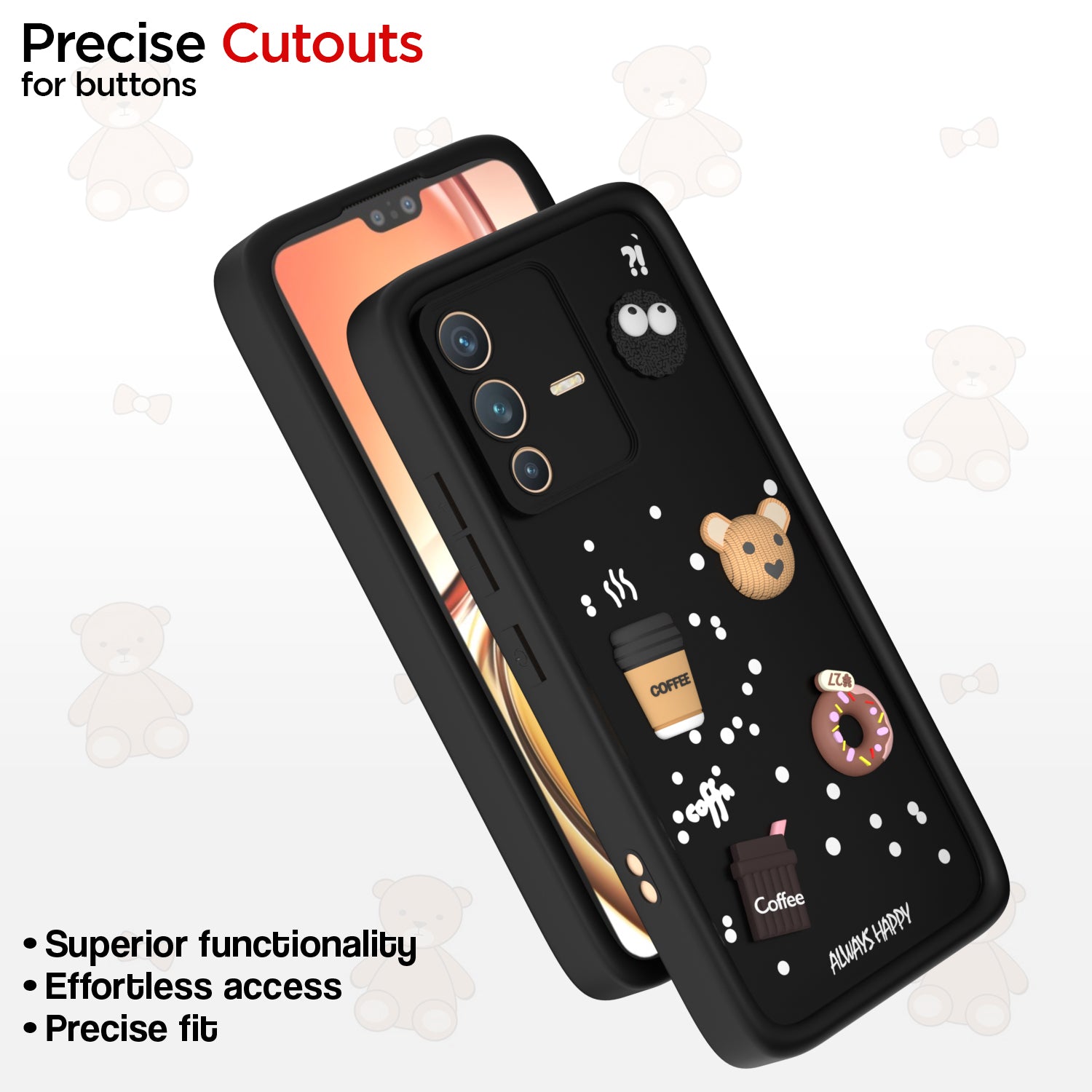 Pikkme Vivo V23 5G Cute Fun Cartoon 3D Bear Coffee Back Cover (Black)