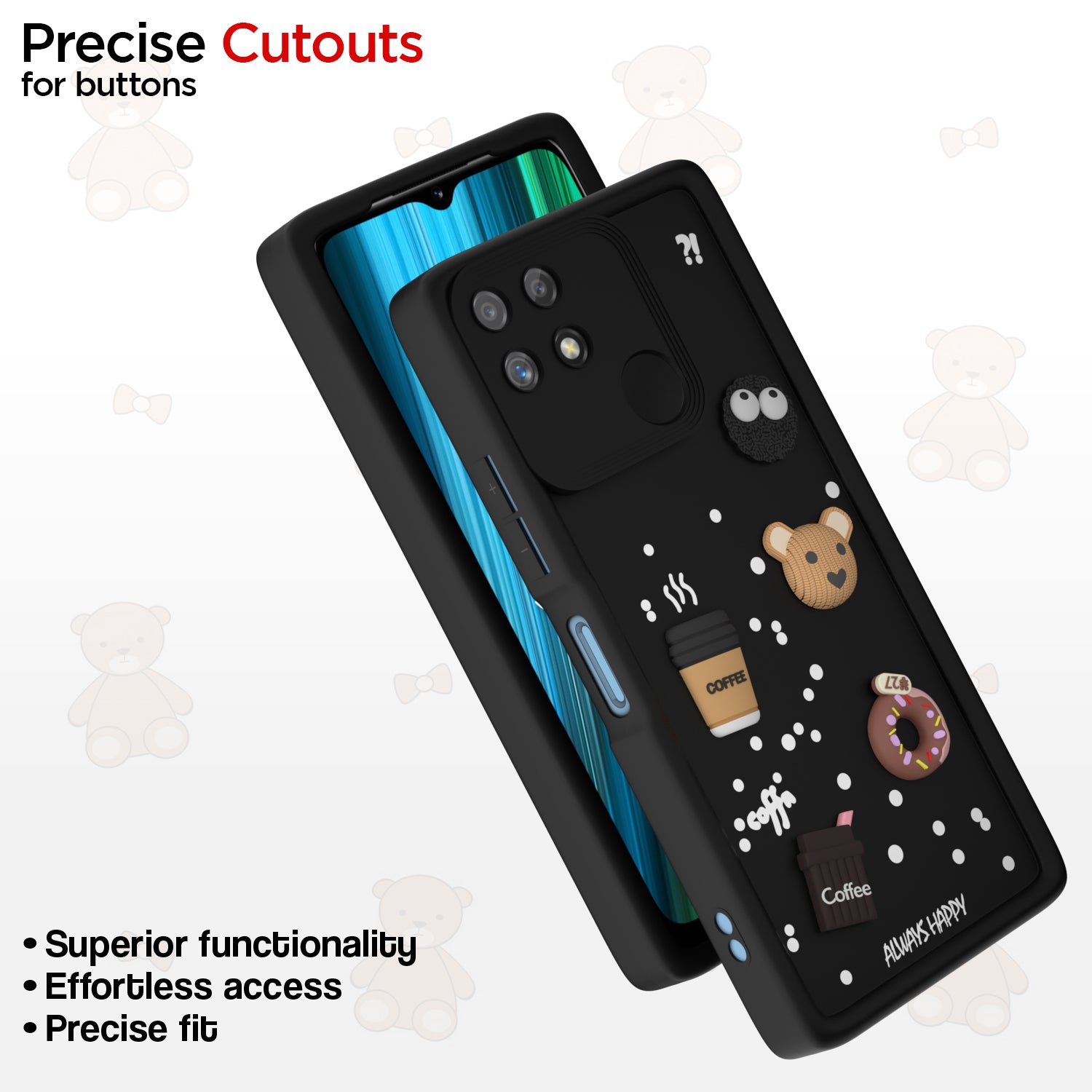 Pikkme Realme Narzo 50A Cute Fun Cartoon 3D Bear Coffee Back Cover (Black)