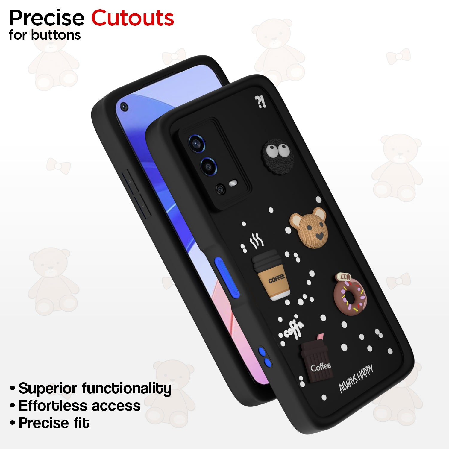 Pikkme Oppo A55 Cute Fun Cartoon 3D Bear Coffee Back Cover (Black)