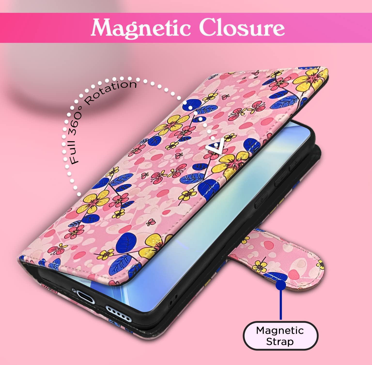 Pikkme Vivo V27/V27 Pro 5G Wallet pink flower flip case – photo 3