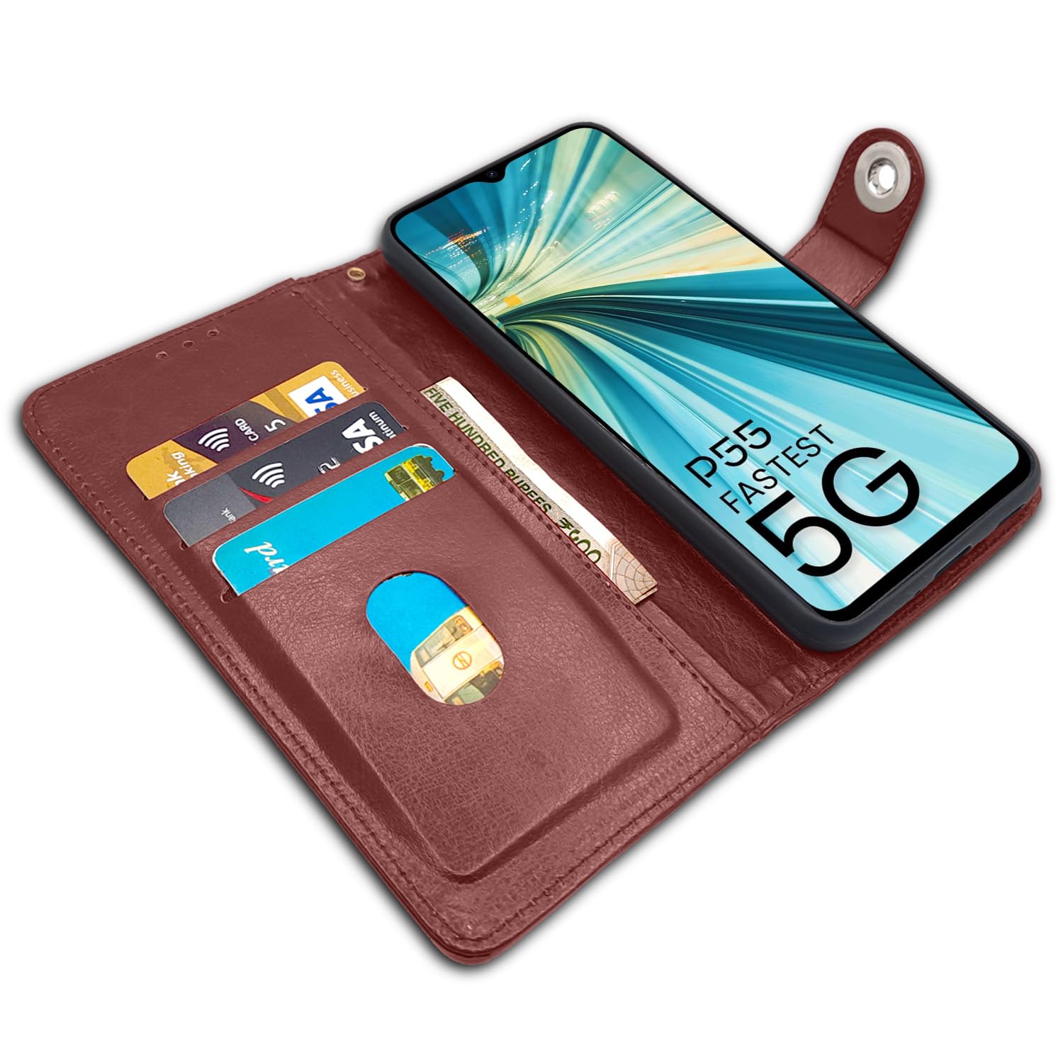 Pikkme Itel P55 5G Button brown wallet flip cover – photo 3