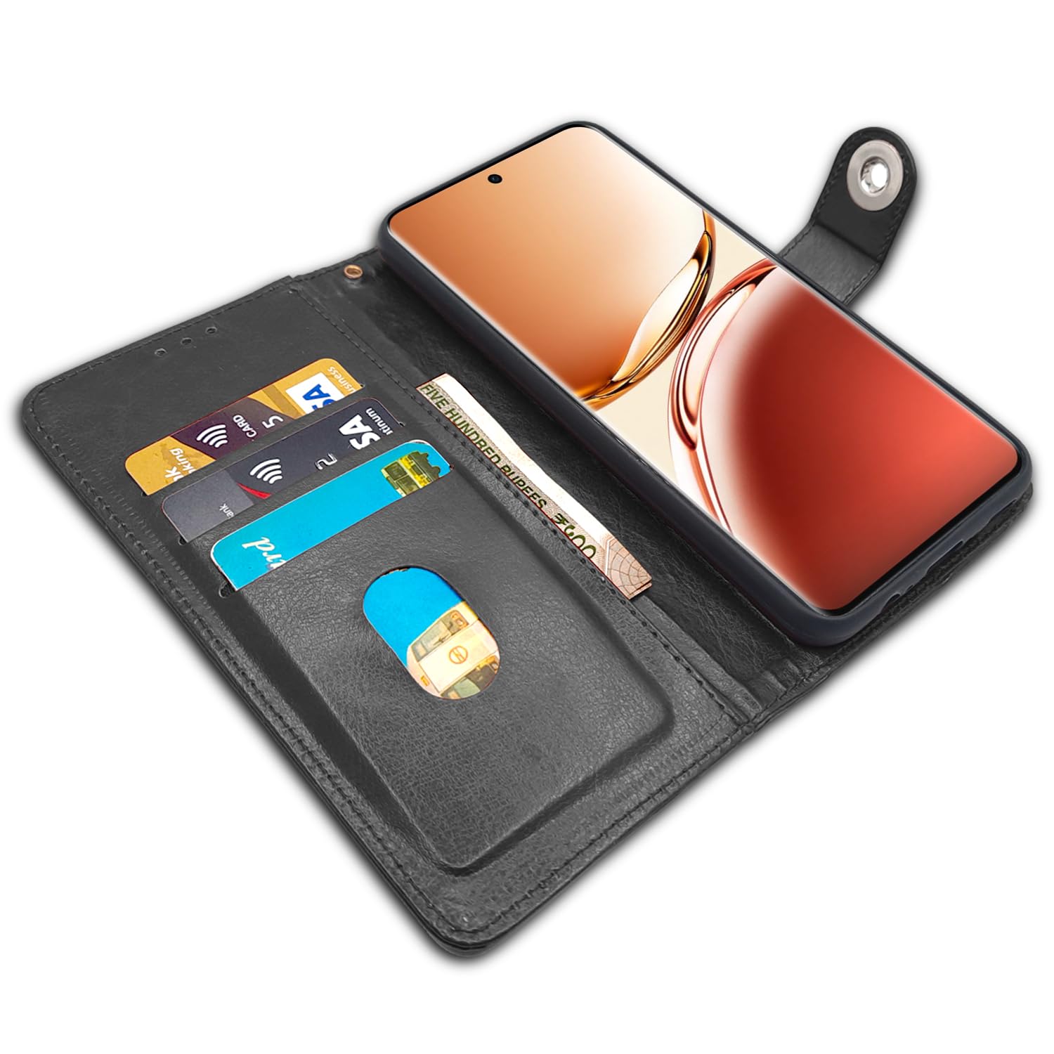 Pikkme black Button wallet flip cover for Oppo F27 Pro Plus 5G – photo 3