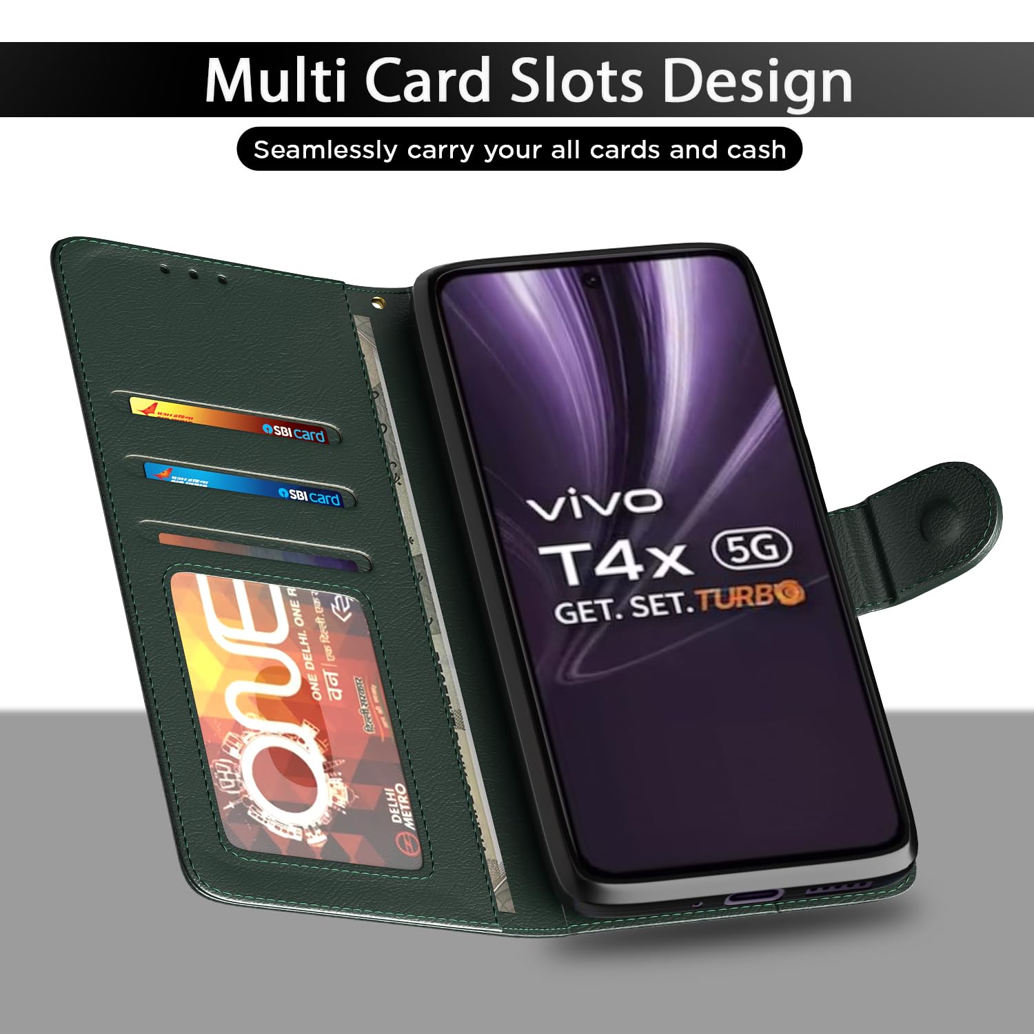 Pikkme Vivo T4x 5G / iQoo Z10x 5G Vintage Flip Cover (Green)