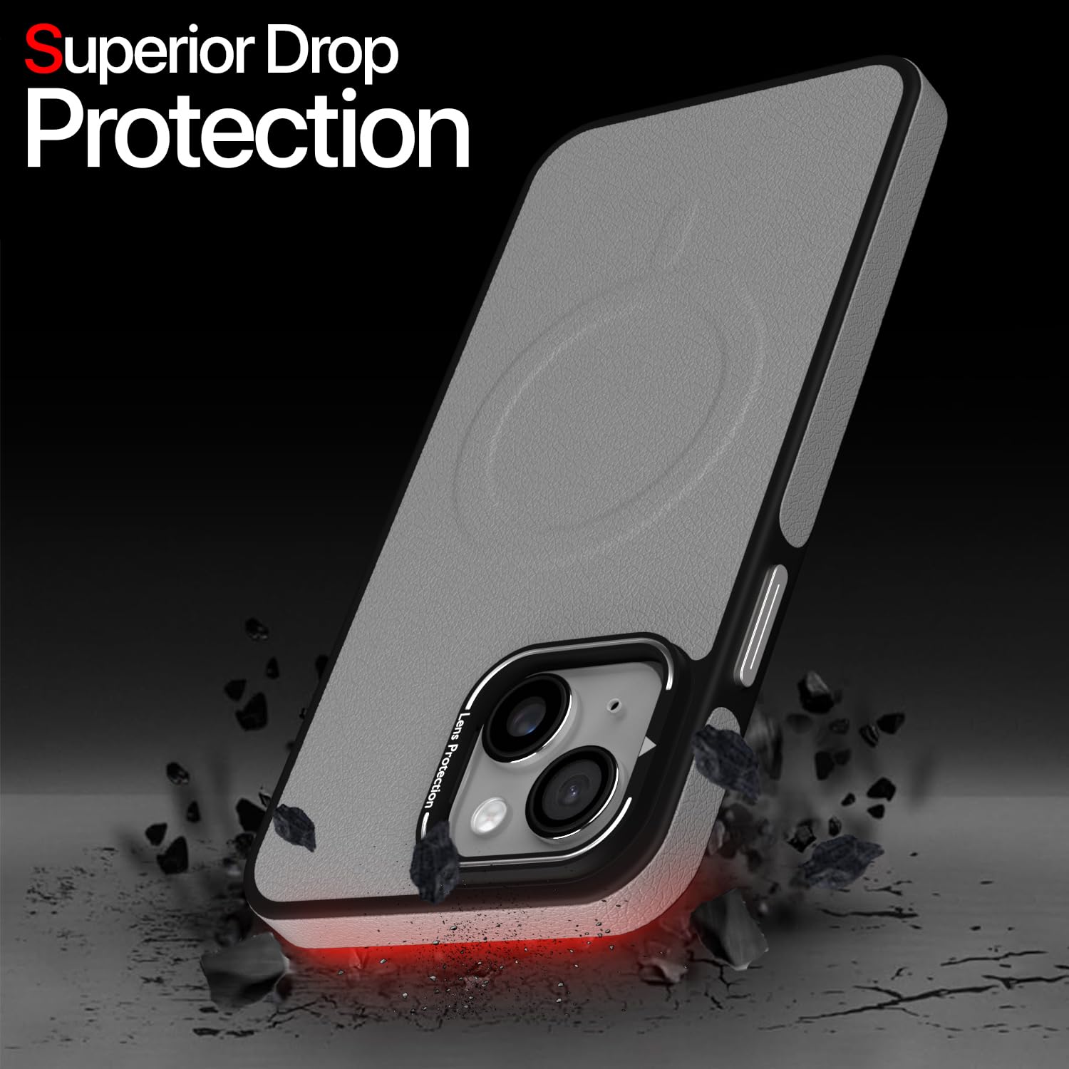 Pikkme iPhone 13 / iPhone 14 Pu Leather with Metal Frame Lens Protection Bumper Case (Grey)