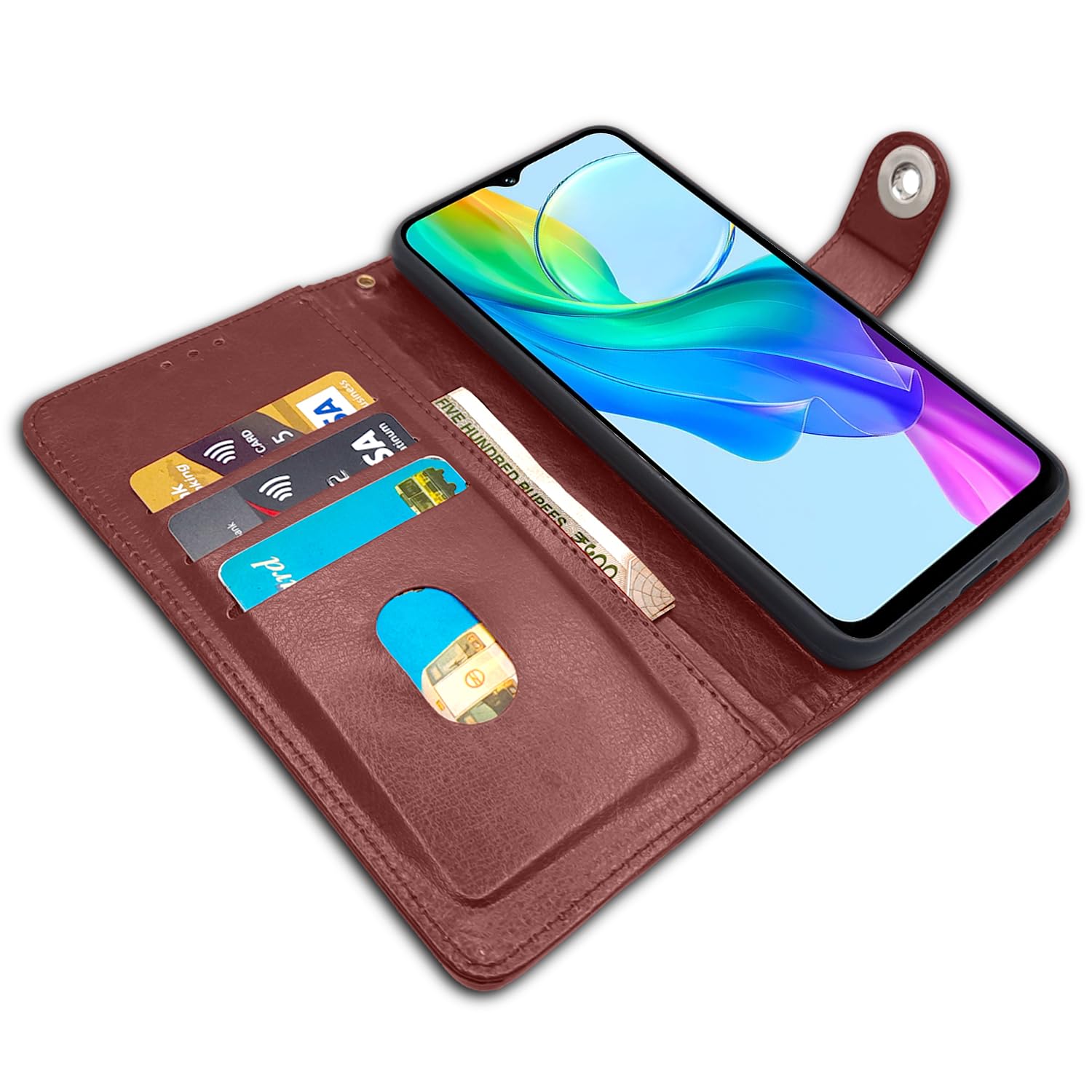 Vivo Y03 4G Button wallet flip cover in brown by Pikkme – photo 3