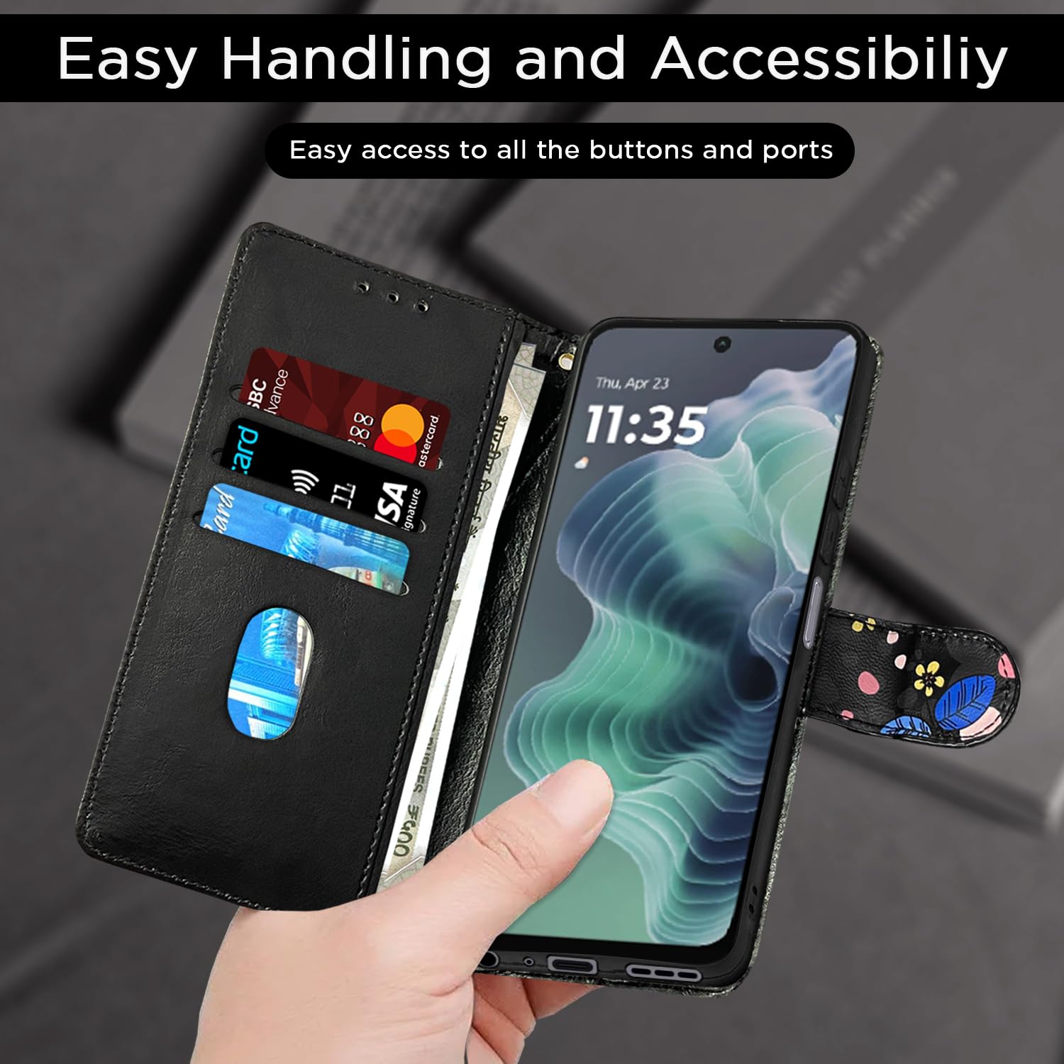 Pikkme black flower Wallet mobile flip cover for Moto G35 5G – photo 7