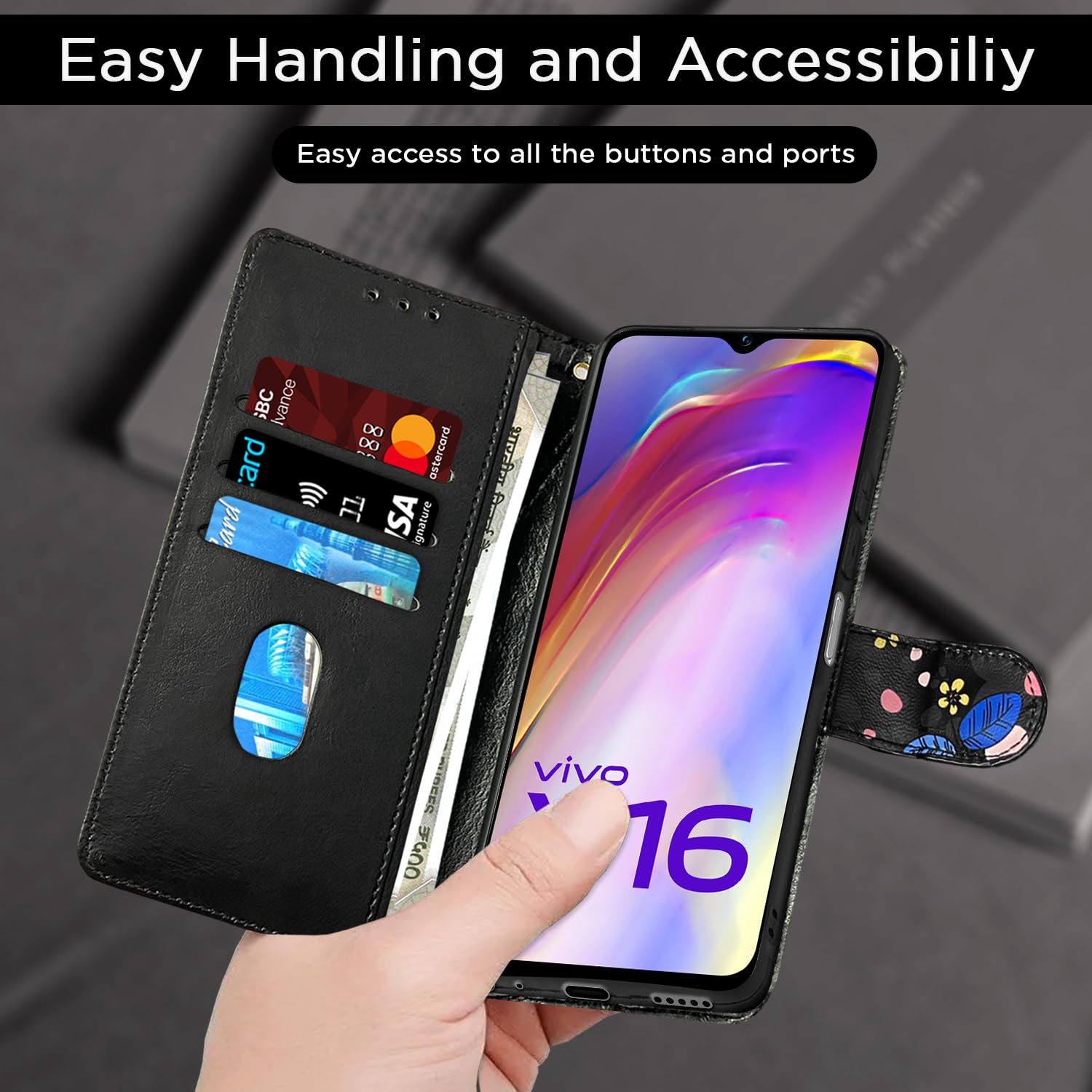 Vivo Y16 mobile flip cover in black flower by Pikkme – photo 7