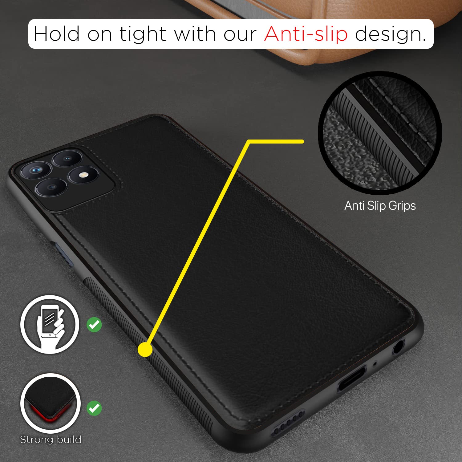 Realme Narzo 50/8i 4G Leather mobile back cover in black by Pikkme – photo 2