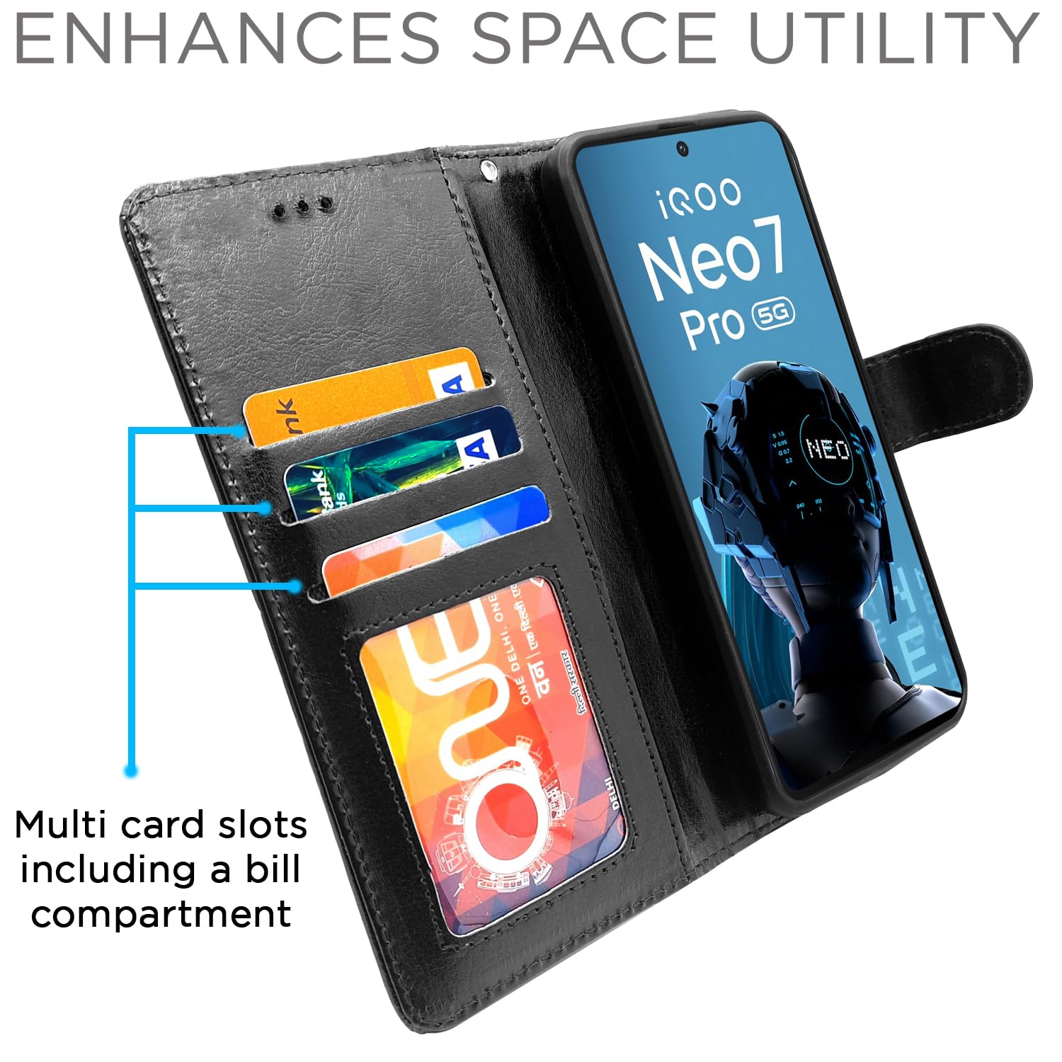 iQOO Neo 7 Pro 5G Wallet flip cover in black by Pikkme – photo 2