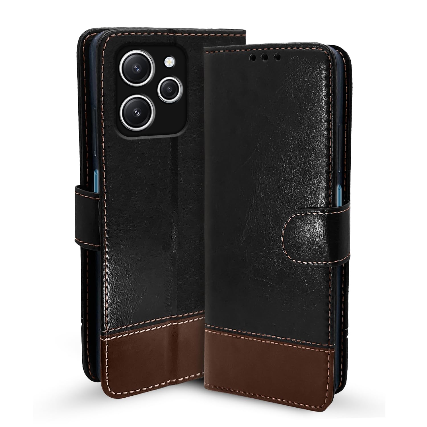 Redmi 12 4G Magnetic wallet flip cover in black & brown by Pikkme