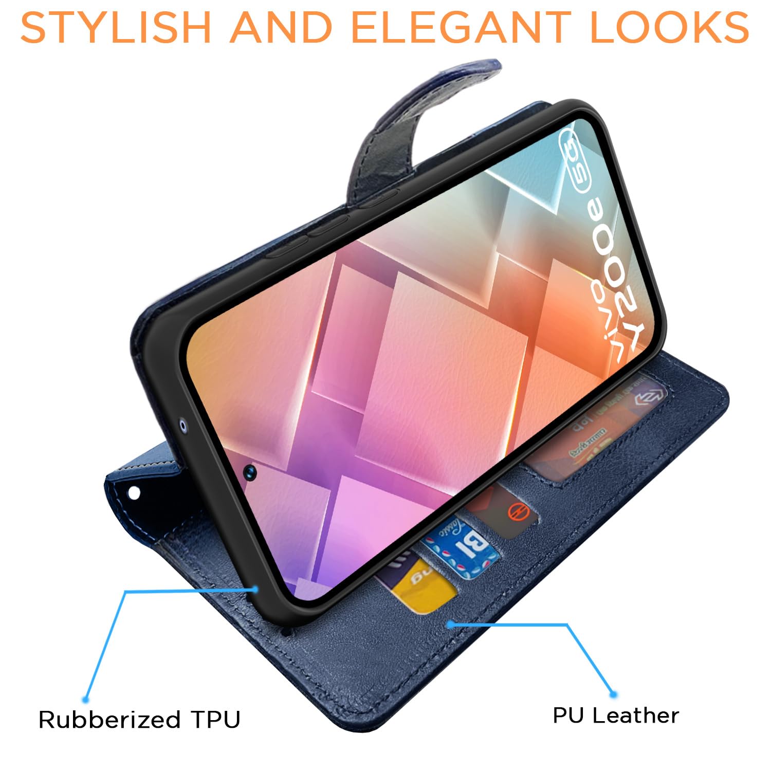 Pikkme Vivo Y200e 5G Dual-Tone PU Leather Finish Magnetic Flip Cover (Navy Blue)