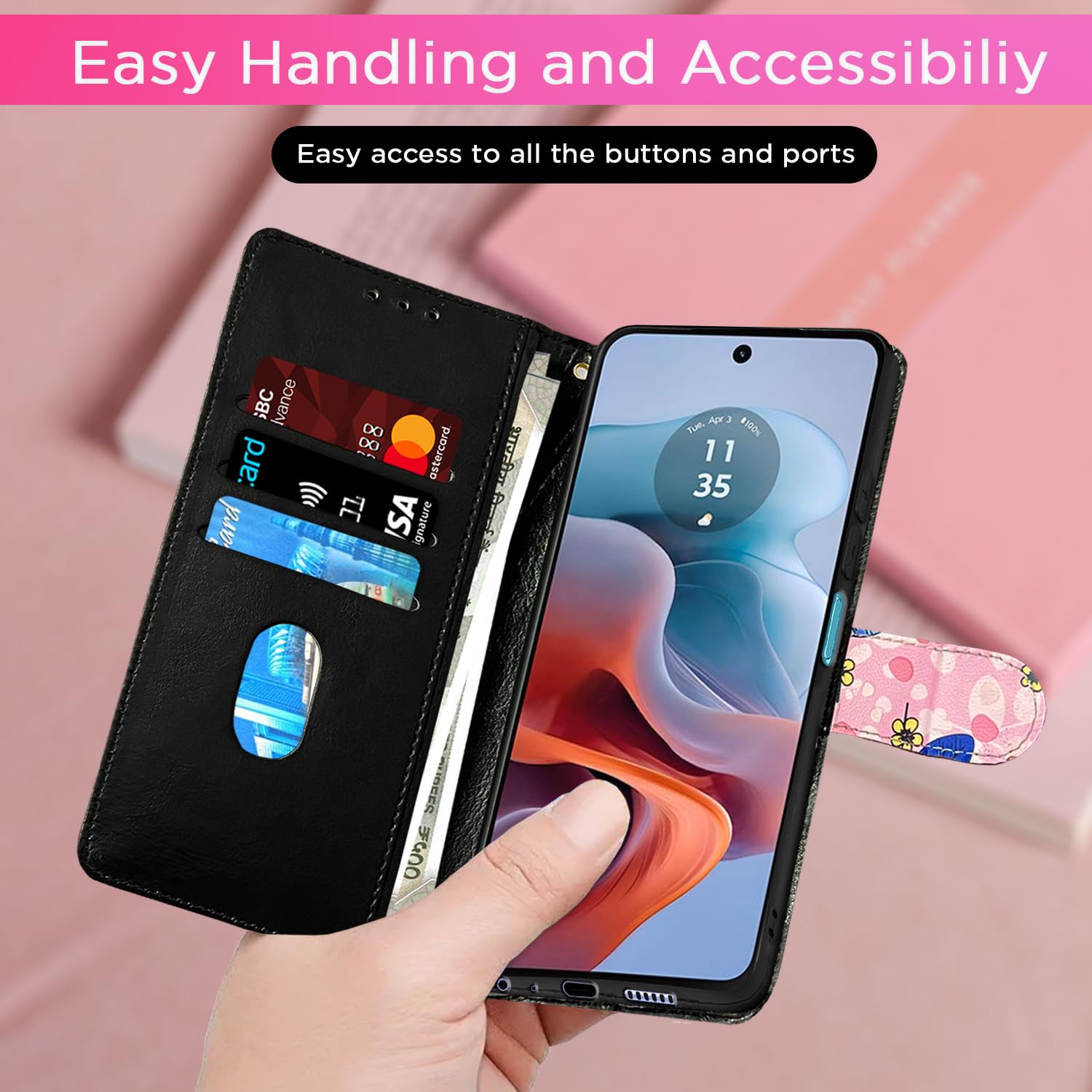 Moto G24 Power Wallet flip case in pink flower by Pikkme – photo 4
