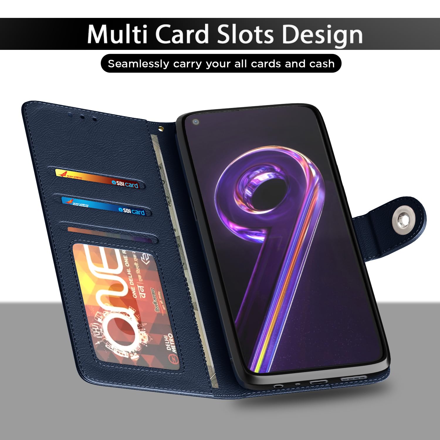 Realme 9 Pro Button wallet flip cover in blue by Pikkme – photo 5