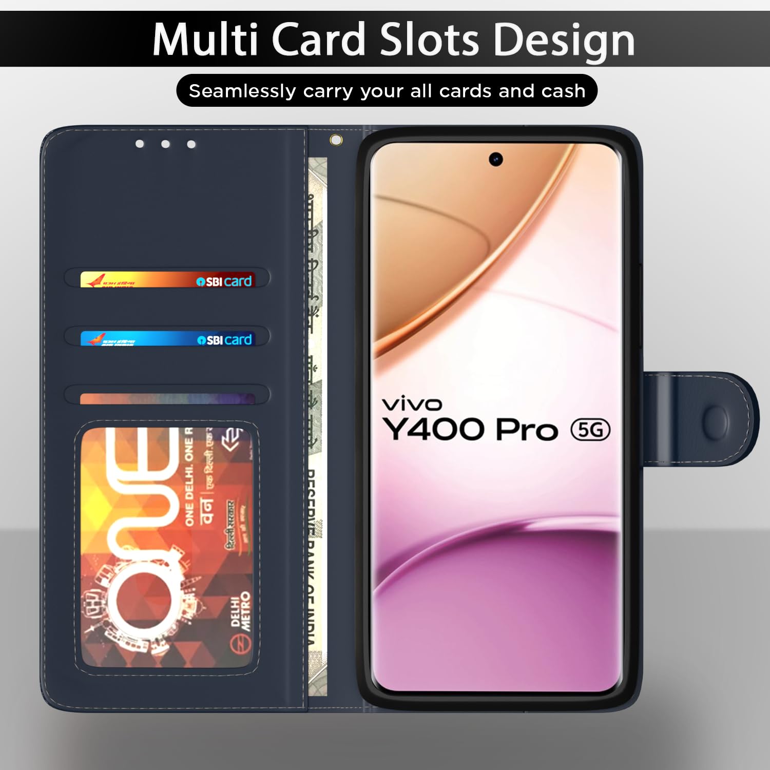 Pikkme Vivo Y400 Pro 5G Contrast Flip Cover (Blue)