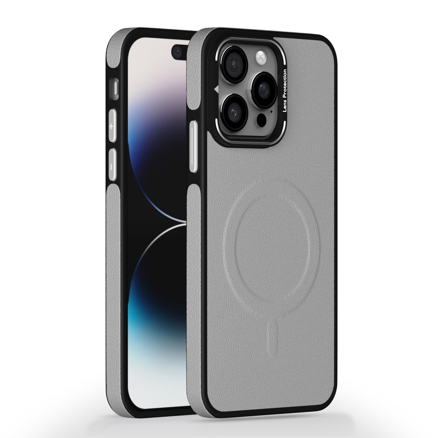Pikkme iPhone 14 Pro Pu Leather with Metal Frame Lens Protection Bumper Case (Grey)