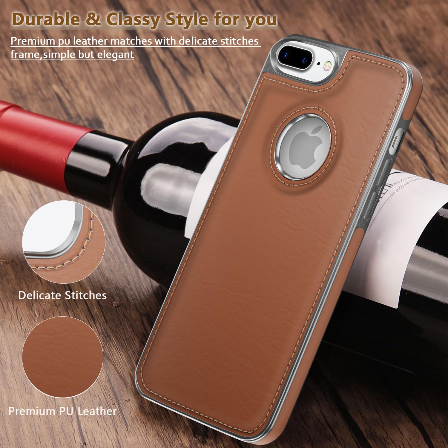 Pikkme iPhone 7 Plus/8 Plus Silver Electroplated Chrome Leather Back Cover (Tan)