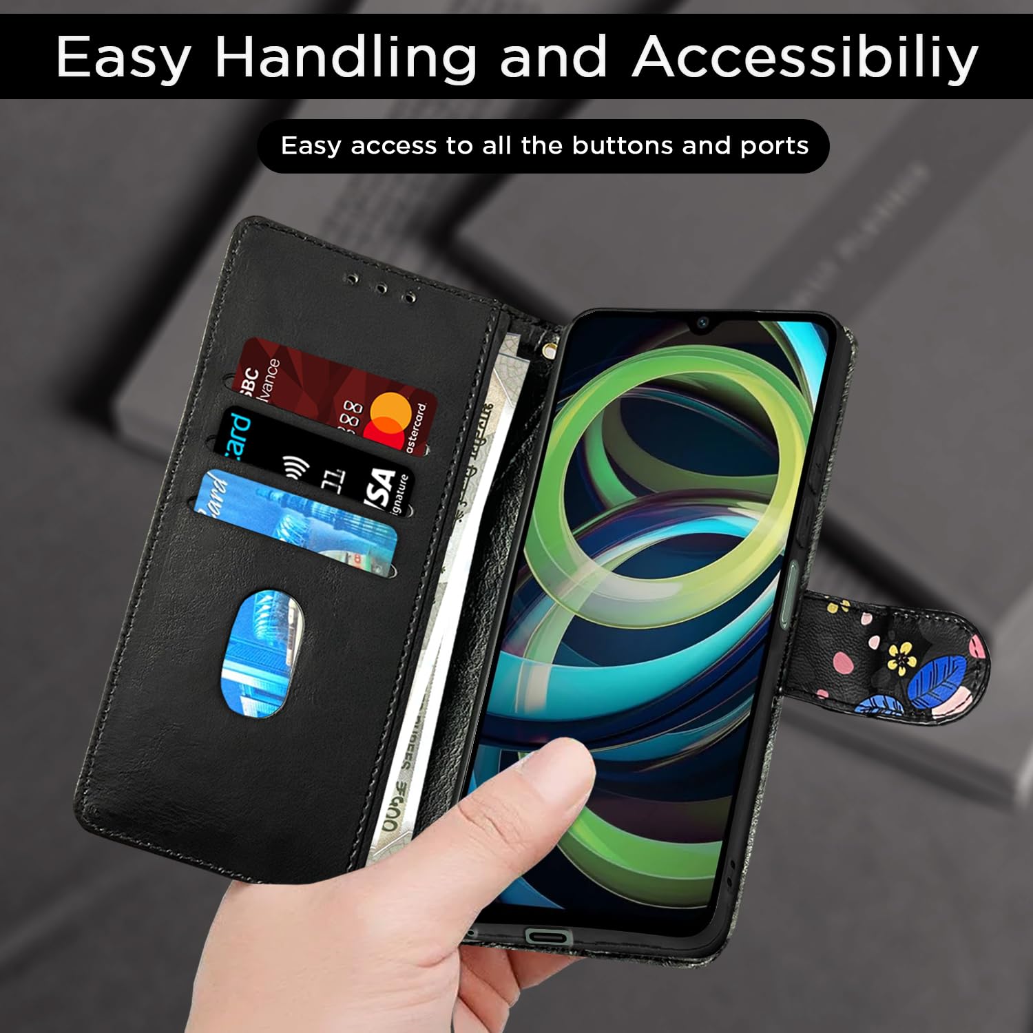 Pikkme Redmi A3 (2024) / Redmi A3x / Poco C61Flower Flip Cover (Black)