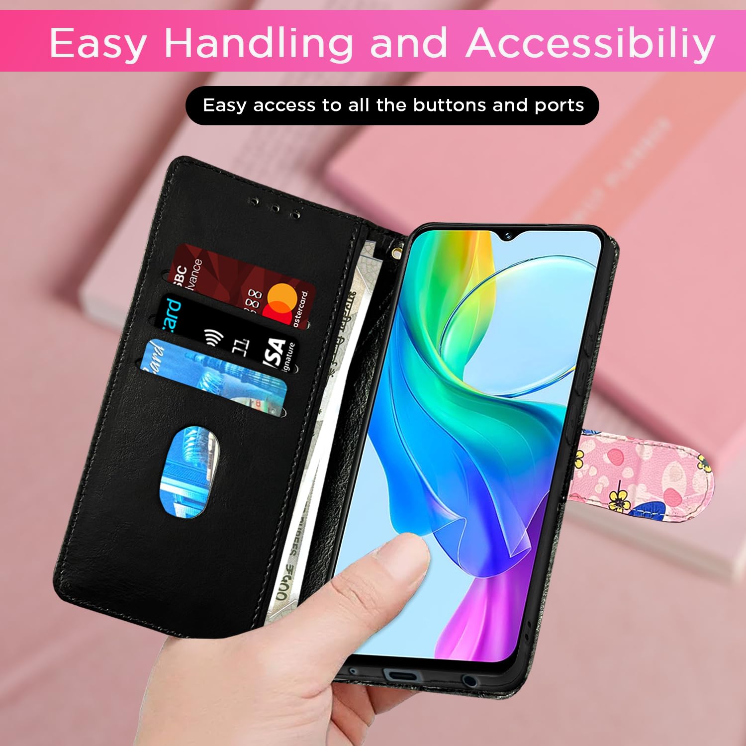 Vivo Y03 4G Leather flip cover in pink flower by Pikkme – photo 7