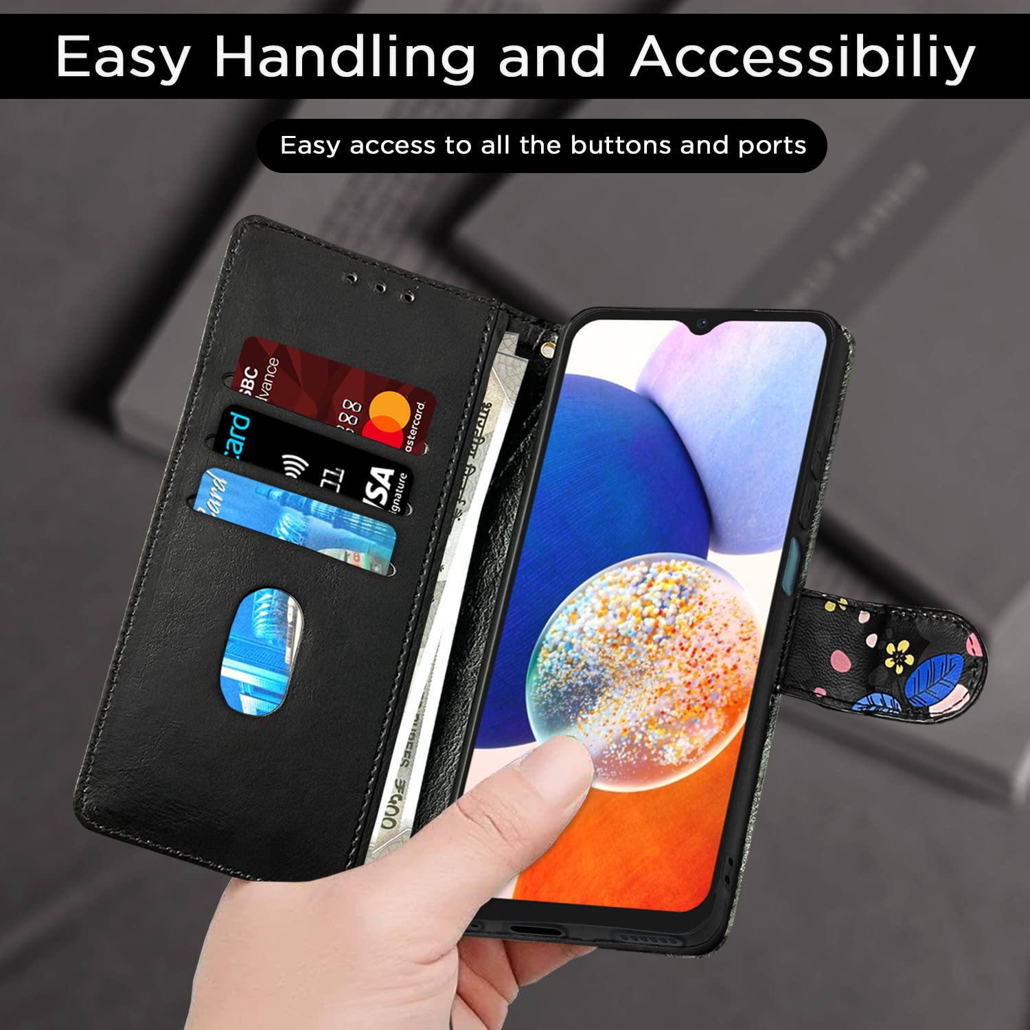 Pikkme Samsung Galaxy A14 5G Flower Flip Cover (Black)