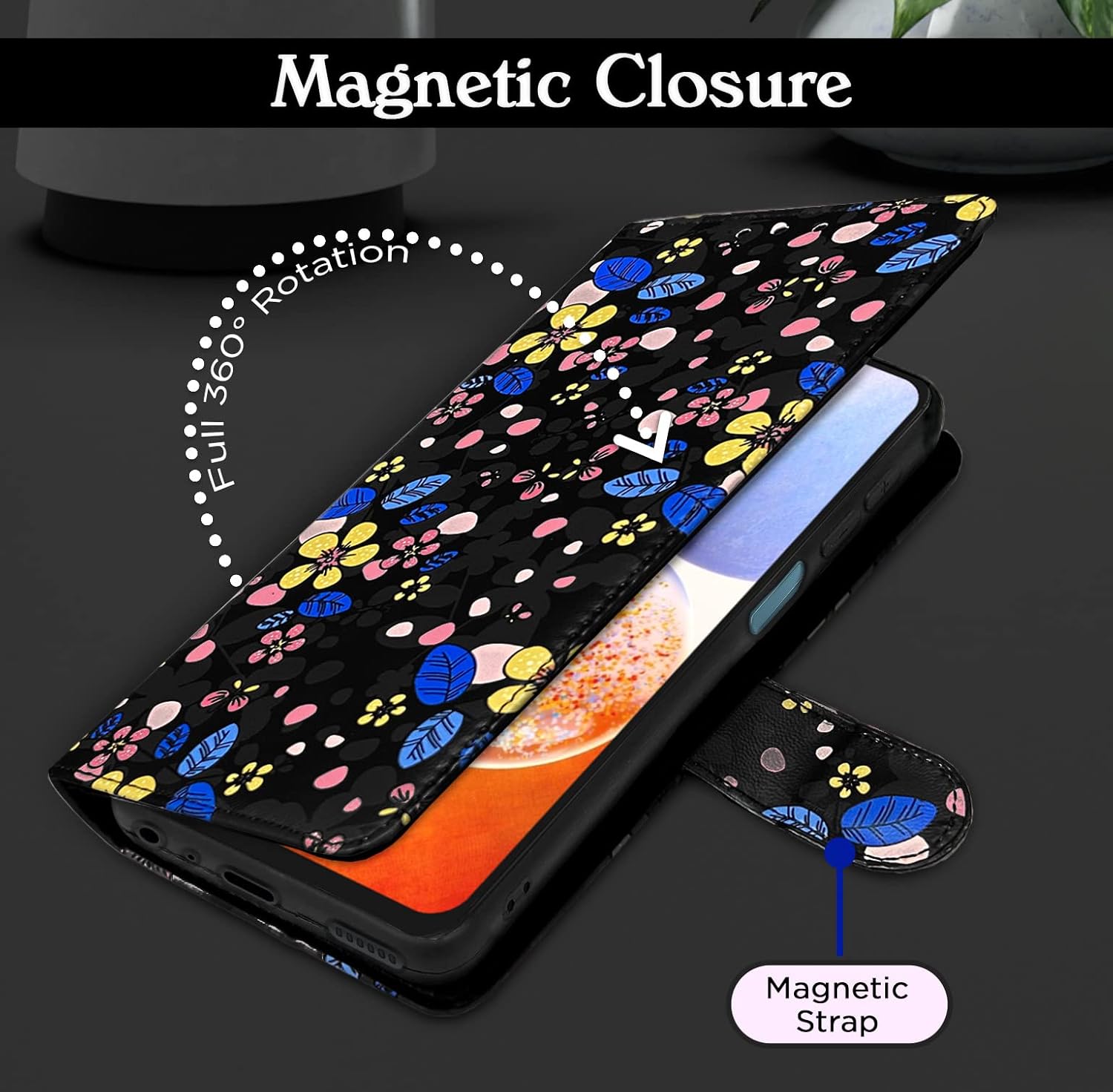 Pikkme Samsung Galaxy M14 5G Flower Flip Cover (Black)