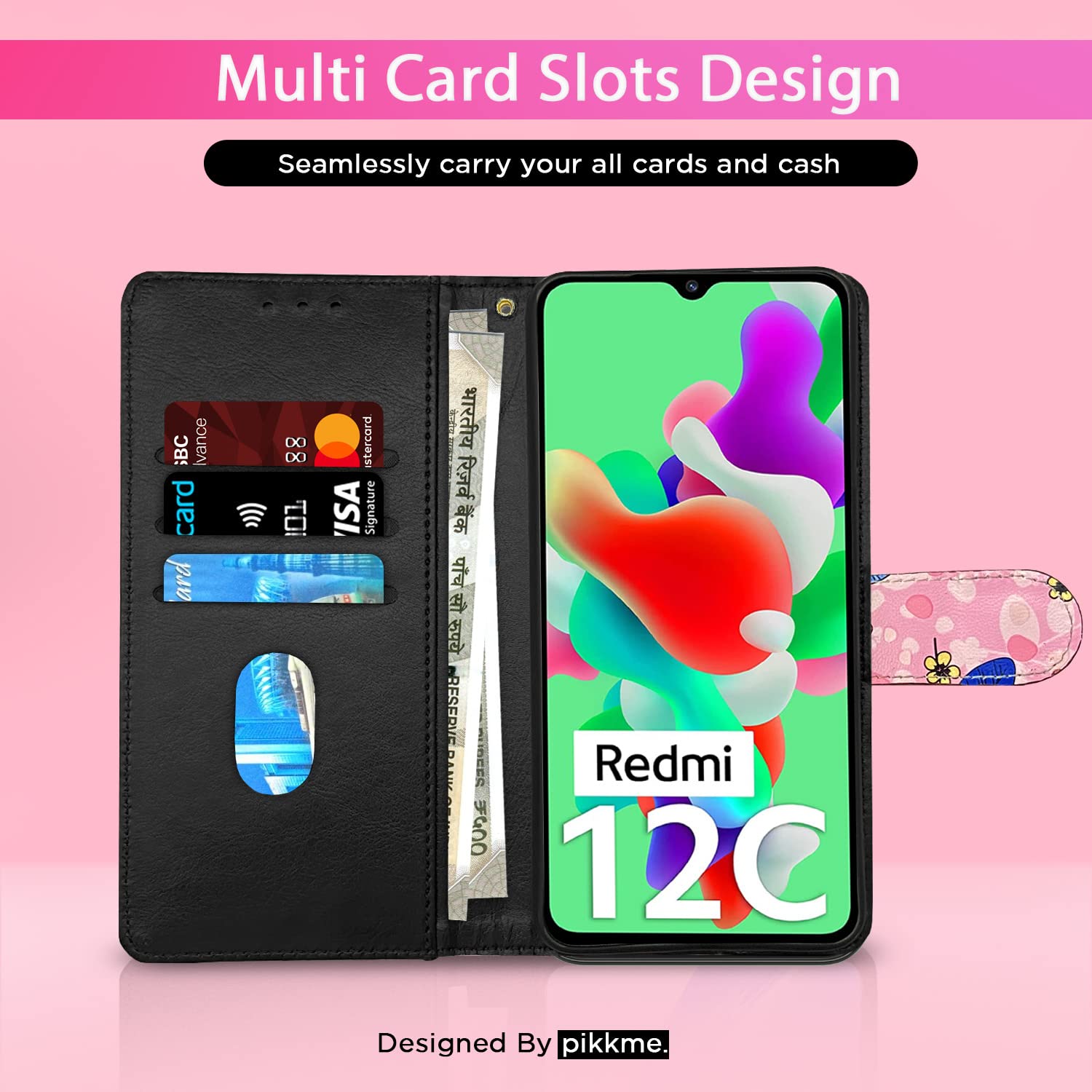 Pink flower Wallet flip cover for Redmi 12C/Poco C55 – Pikkme – photo 2