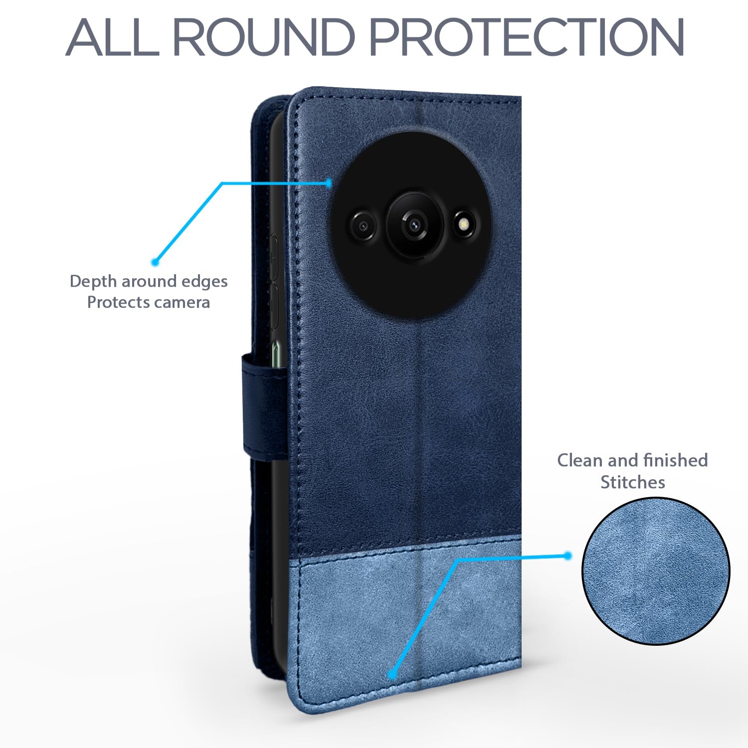 Pikkme Redmi A3 Dual-Tone PU Leather Finish Magnetic Flip Cover (Navy Blue)